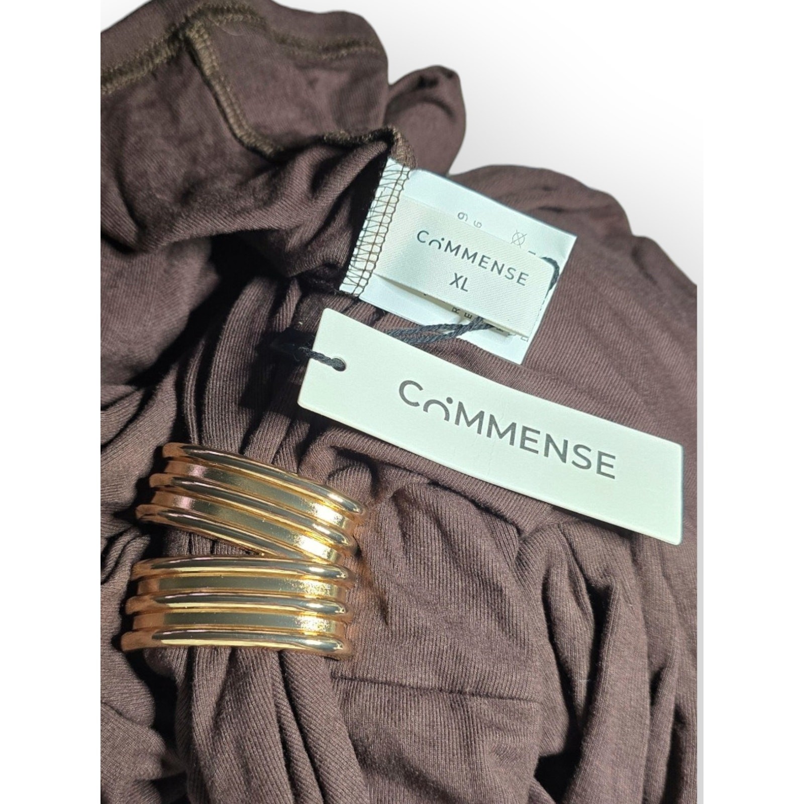 Commense Brown Ruched Maxi Dress Metal Buckle Sleeveless XL Modern Chic Elegant