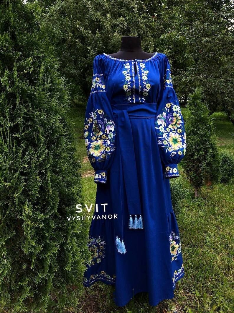 Embroidered Maxi Dress – Ukrainian Vyshyvanka, Bohemian Linen Caftan Custom Clot