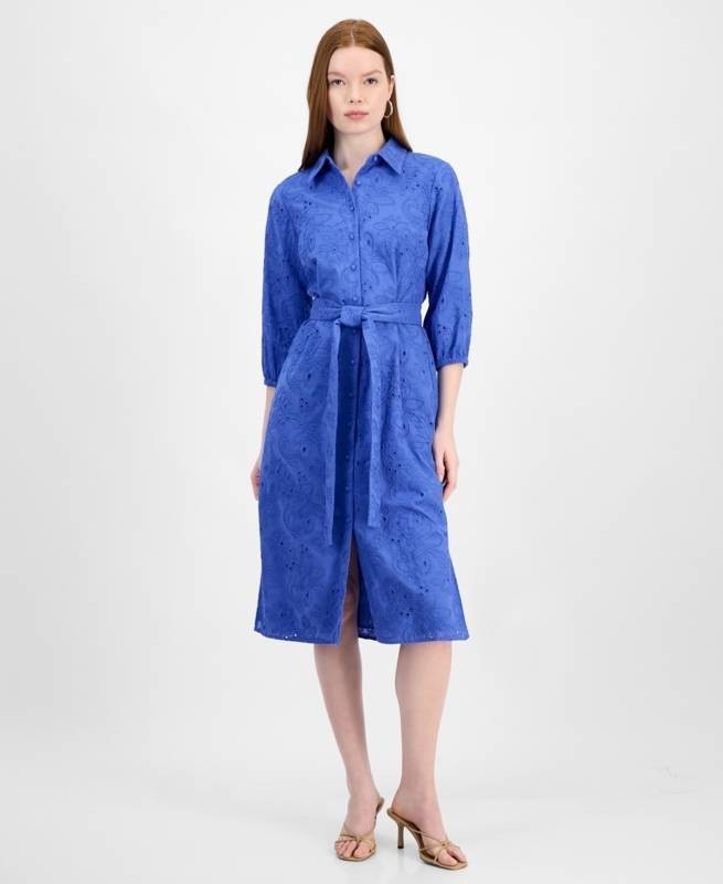 T Tahari Embroidered Eyelet Belted Shirtdress Women’s M Spring Blue Front Button