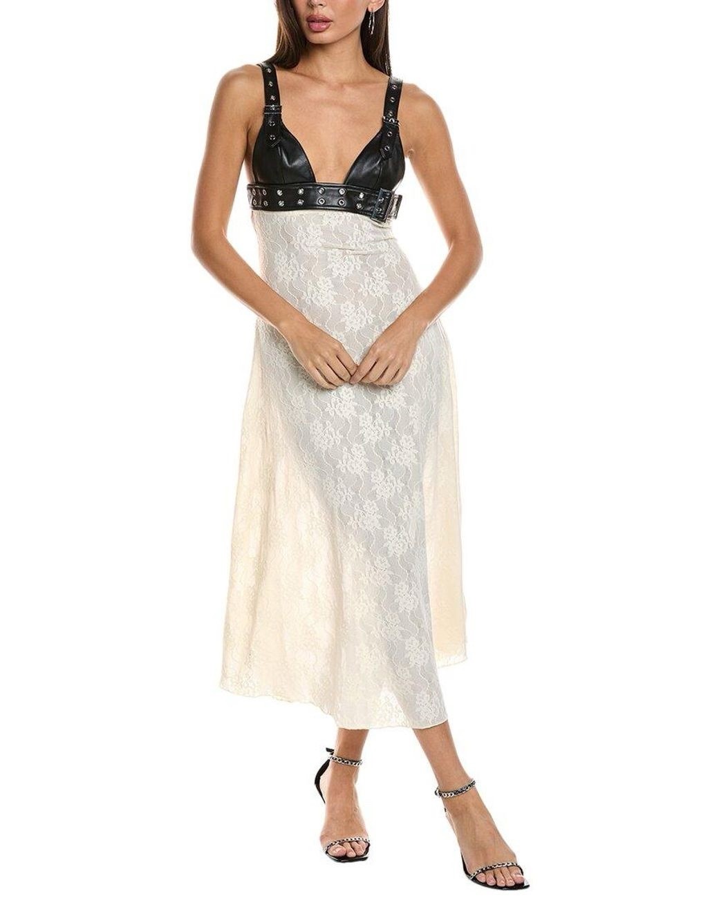 WeWoreWhat Size 4 Belt Bodice Midi Dress Lace & Vegan Leather NWT $178 Cream/Blk