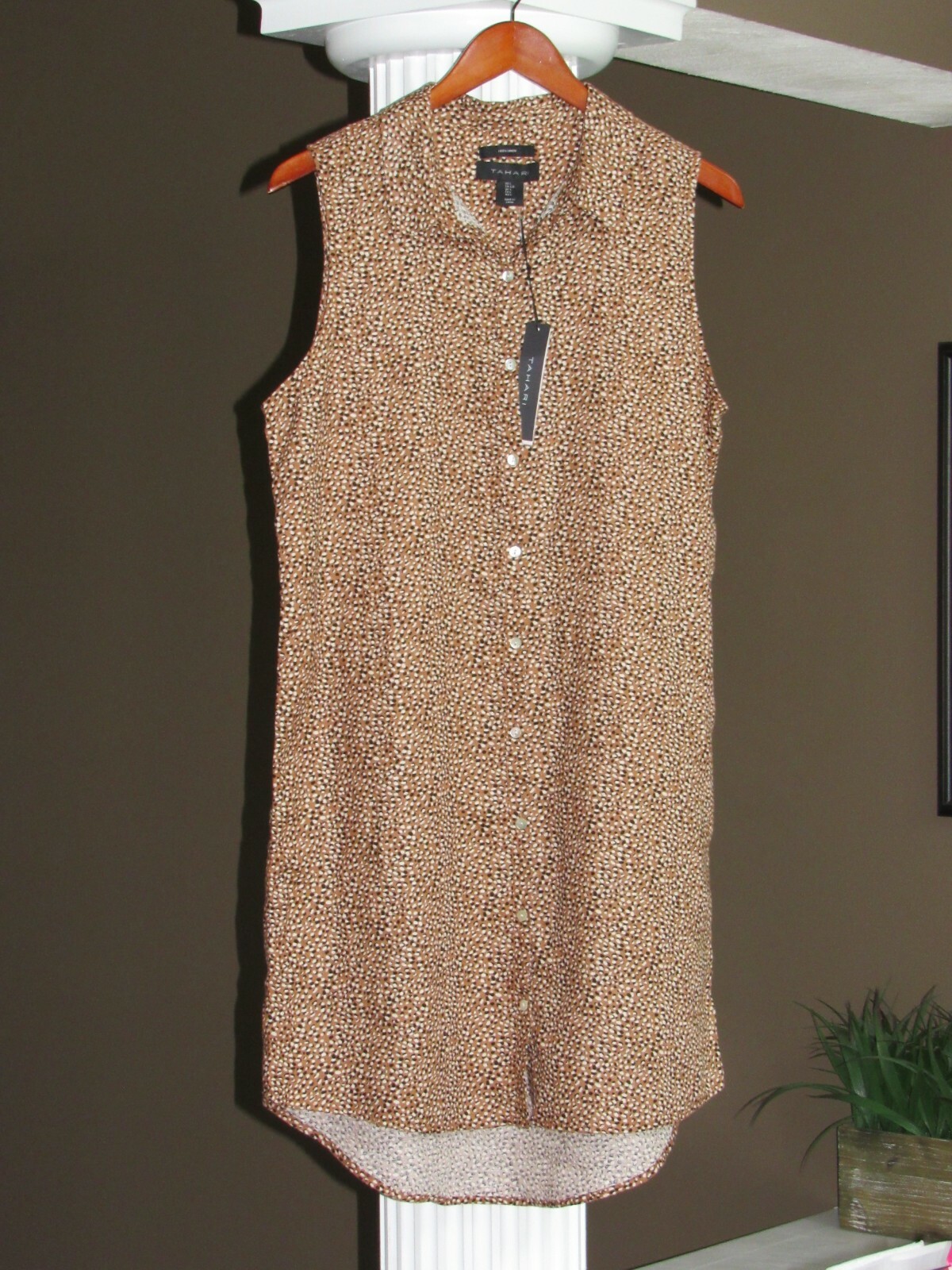 TAHARI Black White Brown Print 100% Linen Button Down Sleeveless Dress Sz M NWT