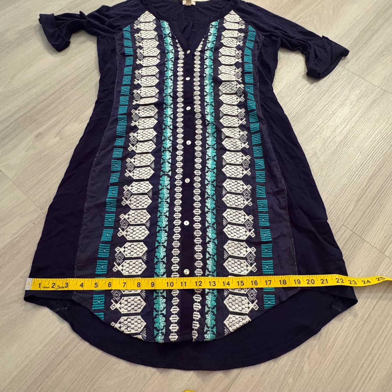 TINY Dress Women Anthropologie Navy Blue Embroidered Boho Shift Short Sleeve L