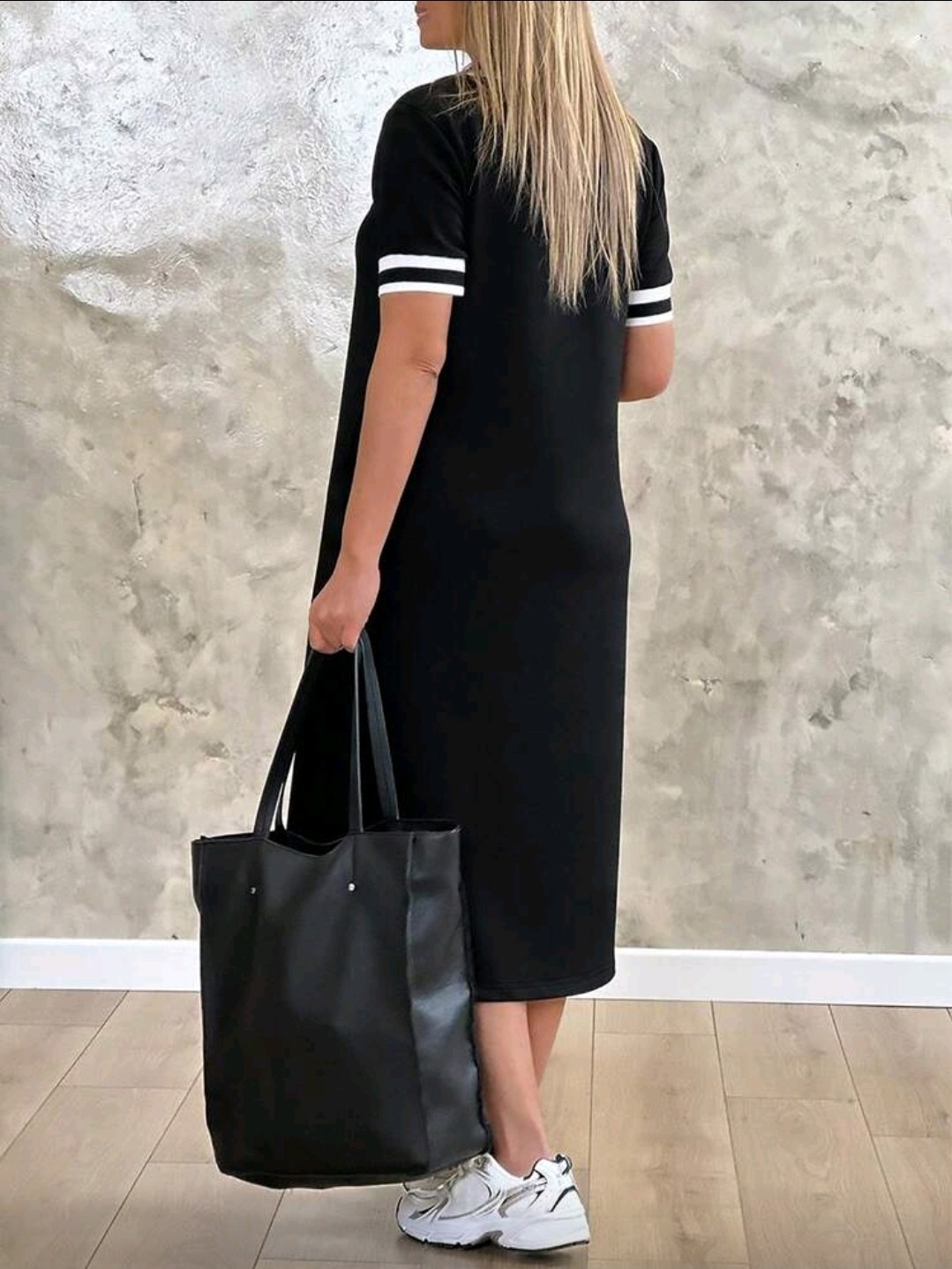 Black White V-Neck Short Sleeve Midi Shirt Dress Striped Trim Pockets Side Slit