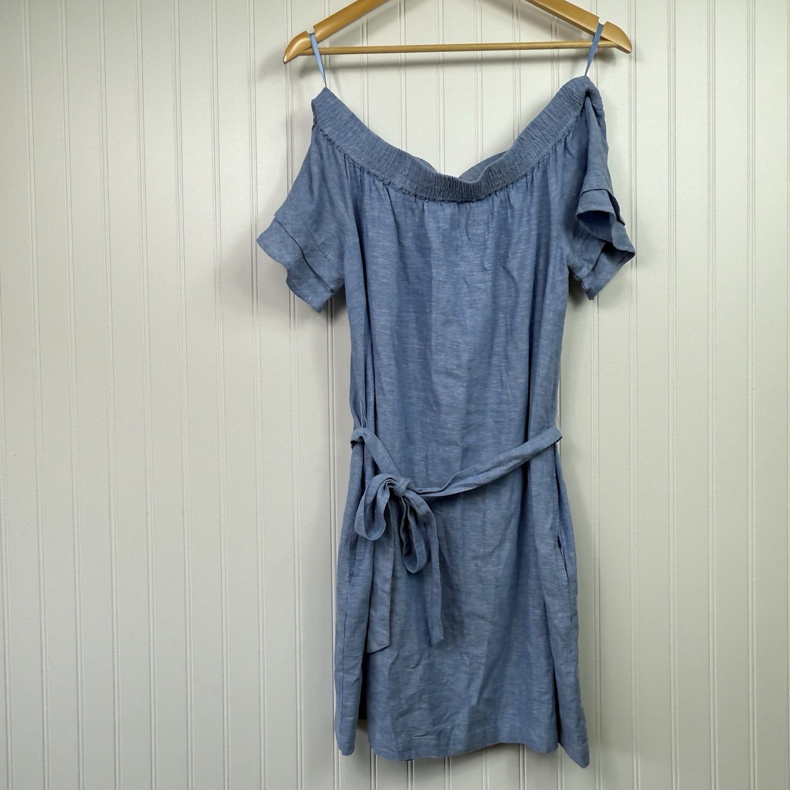 SOHO Street NY & Co Linen Viscose Blue Off Shoulder Belted Dress Size Small