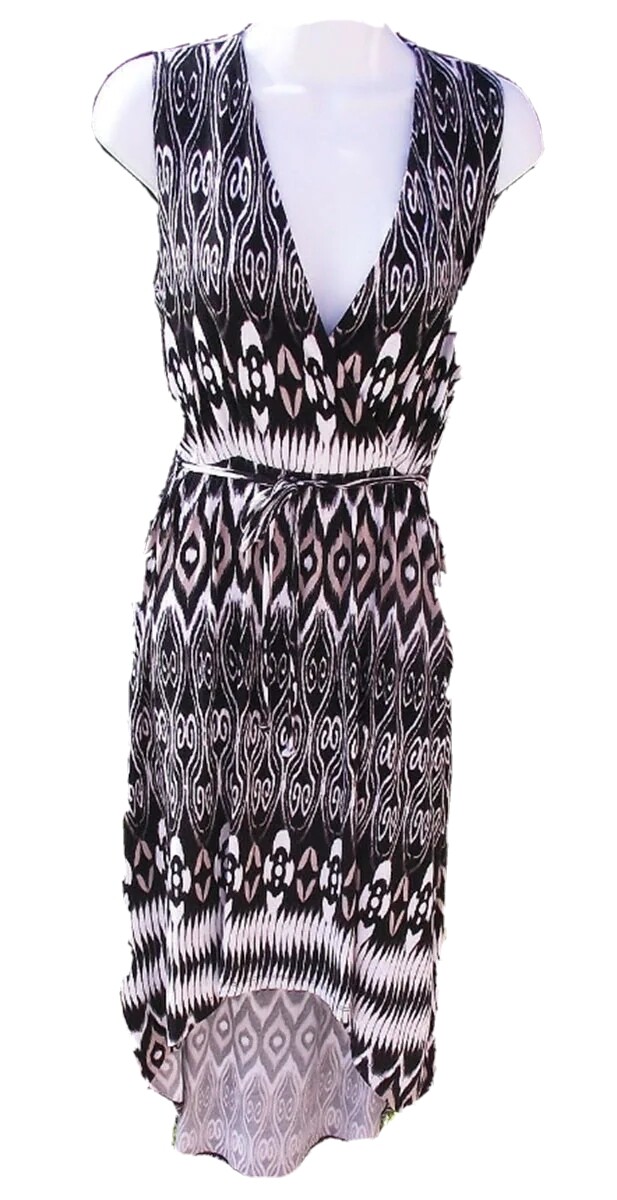 DONNA RICCO BLACK MULTI TRIBAL CASUAL SLEEVELESS RAYON HIGH LOW SUNDRESS S NEW