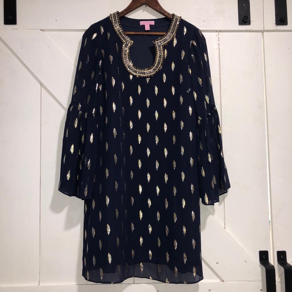 Lilly Pulitzer Women’s Size 0 Amory Navy Beaded Metallic Silk Cocktail Dress