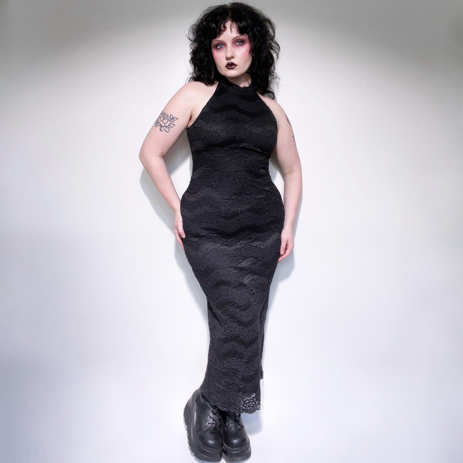 Vintage 90s All That Jazz Black Lace Mock Neck High Back Slit Maxi Dress Size S
