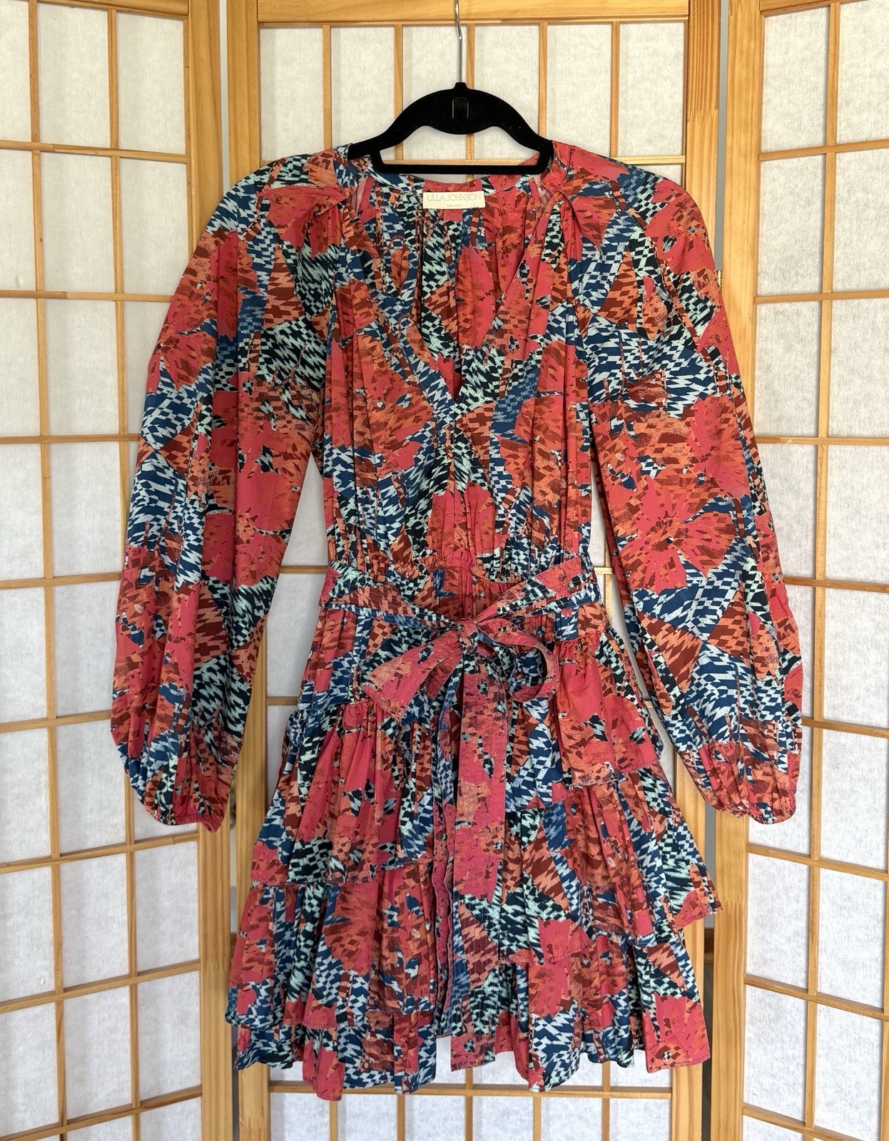 Ulla Johnson Miranda Belted Ruffle Mini Dress Boho Geometric Cotton Size 00
