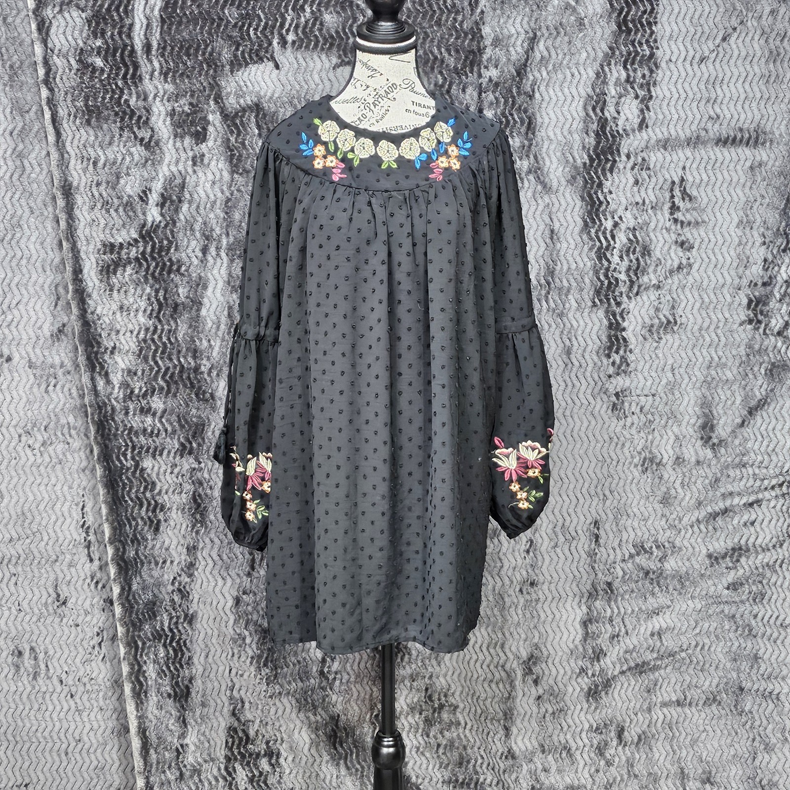 Allison New York Dress M Black Polkadot Floral Embroidered Bishop Peasant Boho
