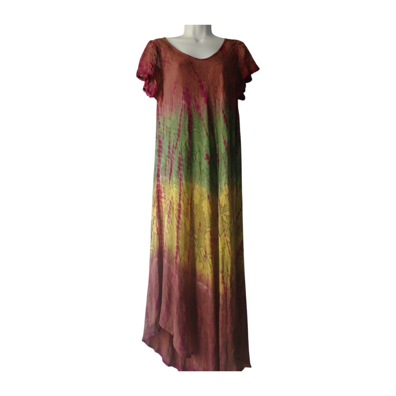 Sakkas Boho Caftan Dress Kaftan Rayon Hippy Tie Dye Multi Cap SLV Multi Sheer OS