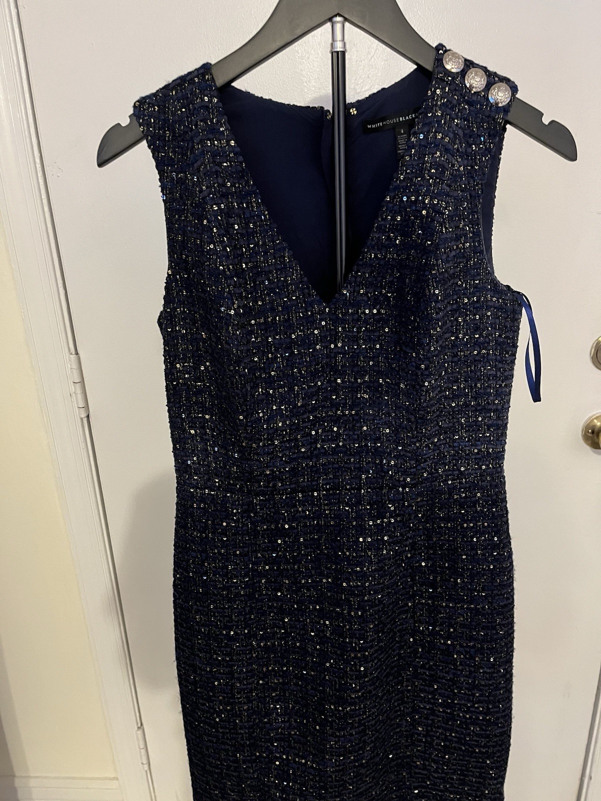White House Black Market Sheath V-Neck Sleeveless Tweed Sequin Dress 4 Blue
