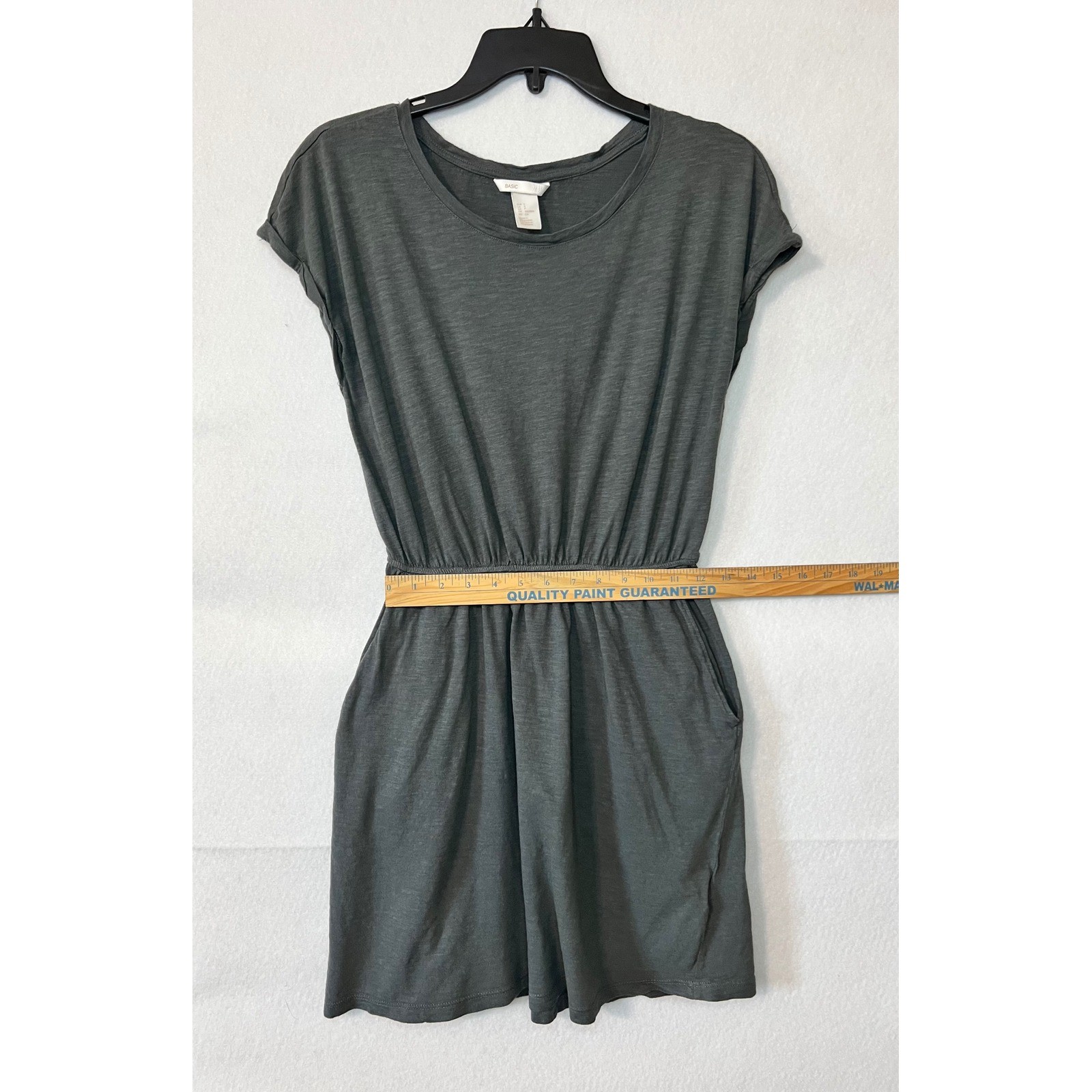 HM Basic Olive Green Elastic Waist Boho Cottage Jersey Dress with Pockets Sz S