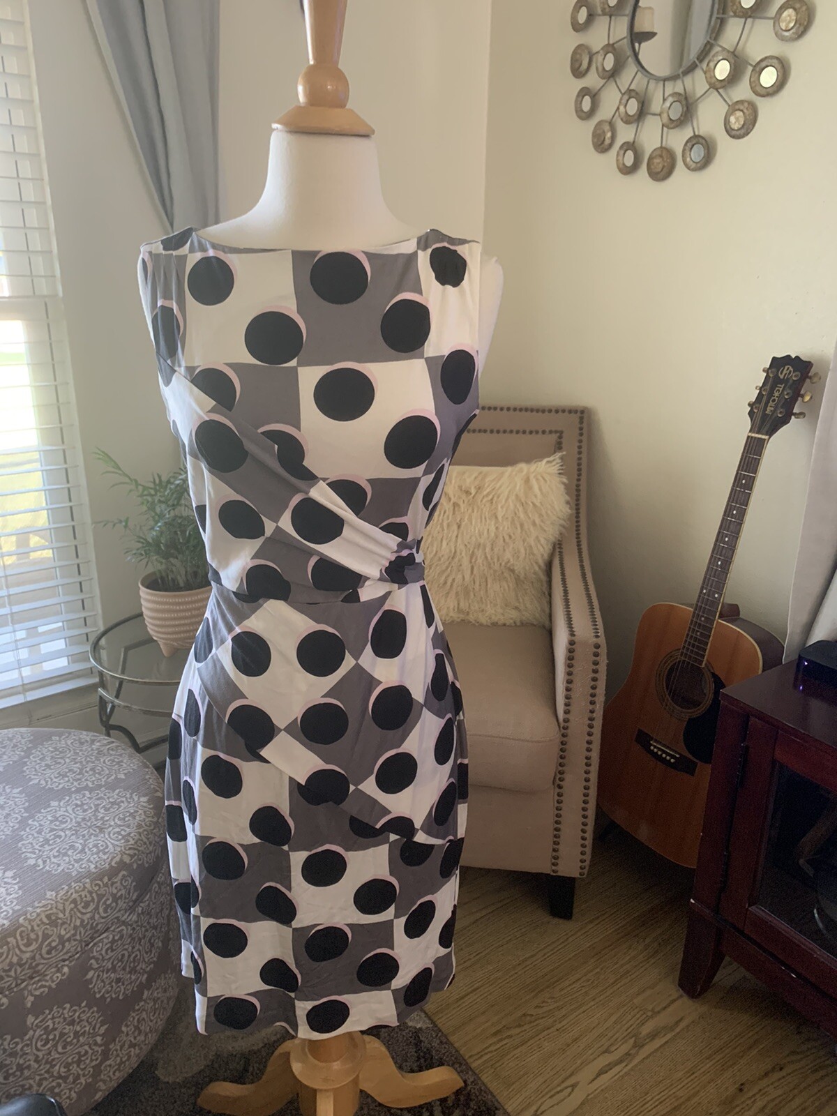 DVF Shina Ivory, pink grey & black polka dot silk faux wrap dress sixe 6