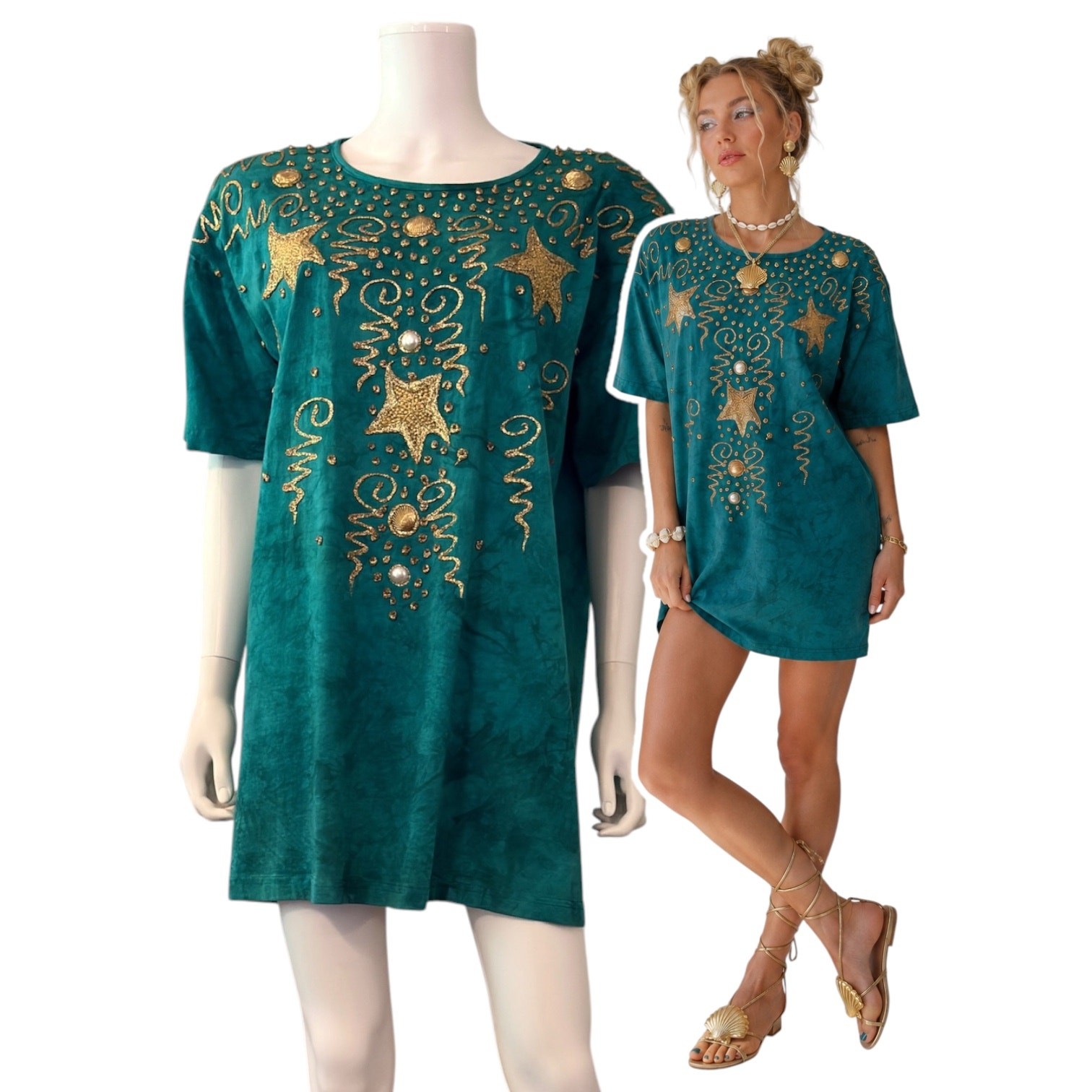Vtg Apparel Limited Art Wear T-Shirt Dress Tunic Teal Tie Dye Gold Mermaidcore