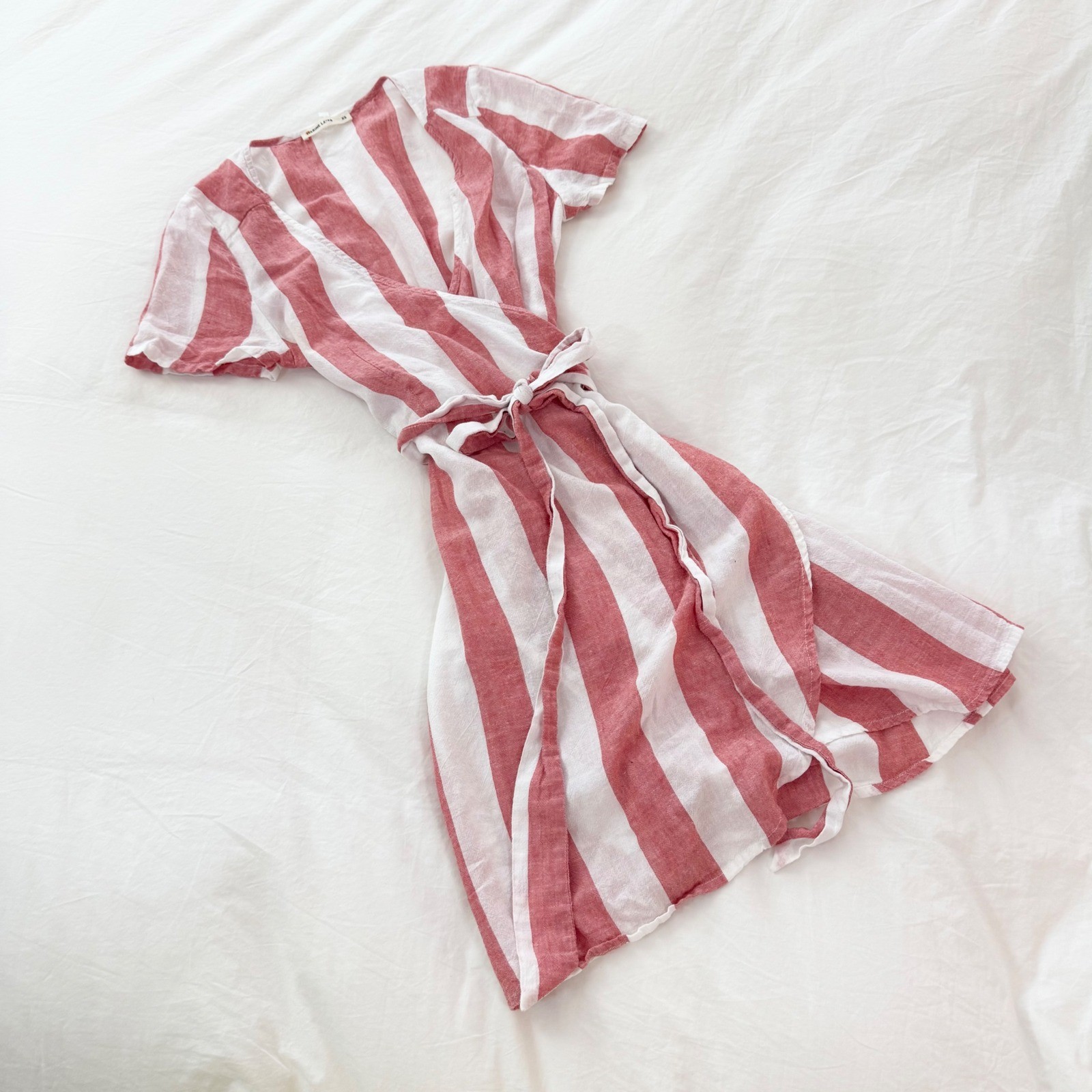 Marine Layer Frances Linen Blend Striped Wrap Mini Dress XS Pink White