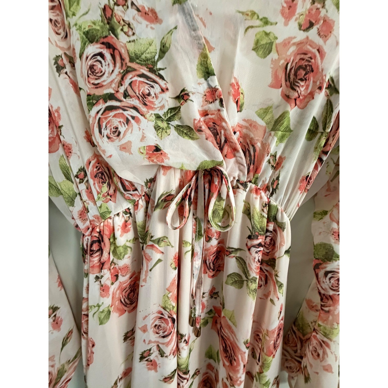 Maria Gabrielle Pink Rose Floral Chiffon MaxiDress BellSleeve HandkerchiefHem L