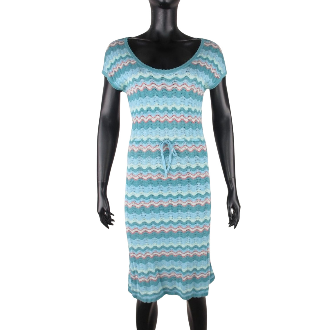 King Louie Knit Dress S Blue Striped Metallic Rayon Cotton Tie Waist A Line Midi