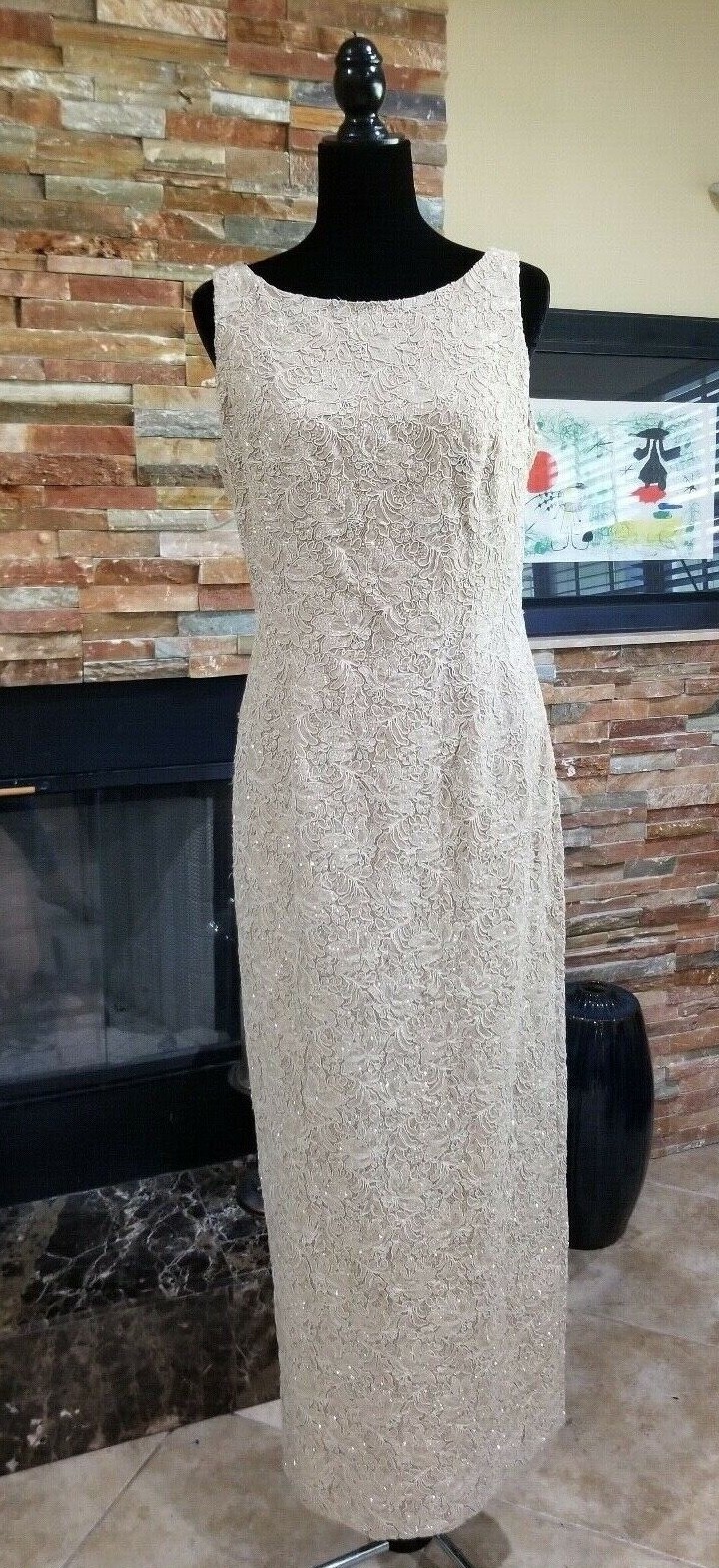 Carmen Marc Valvo Collection Lace Beaded Beige Nude Long Formal Dress US 8