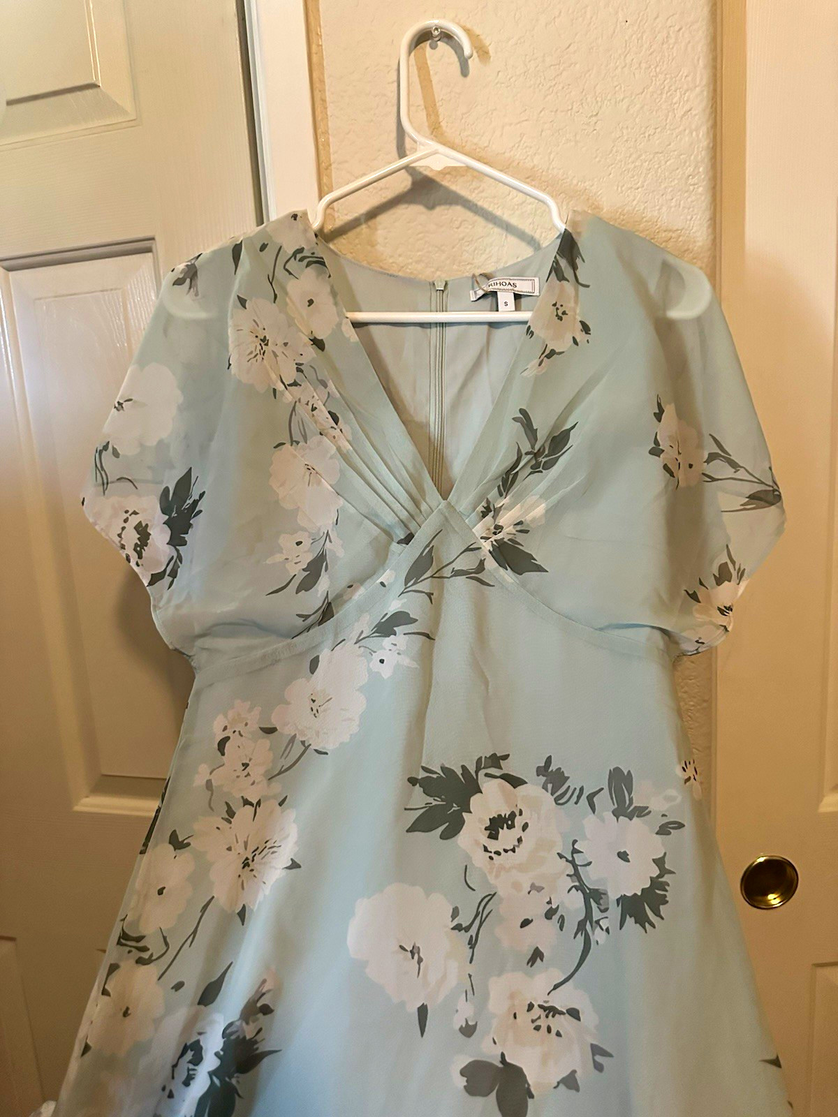 Women’s S RIHOAS Light Blue White Floral Chiffon V-Neck Short Sleeve Long