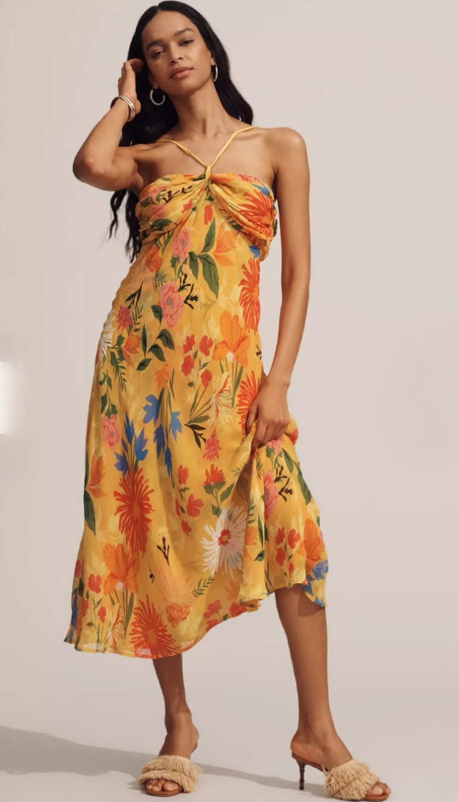 By Anthropologie Halter Slip Dress Yellow Floral M