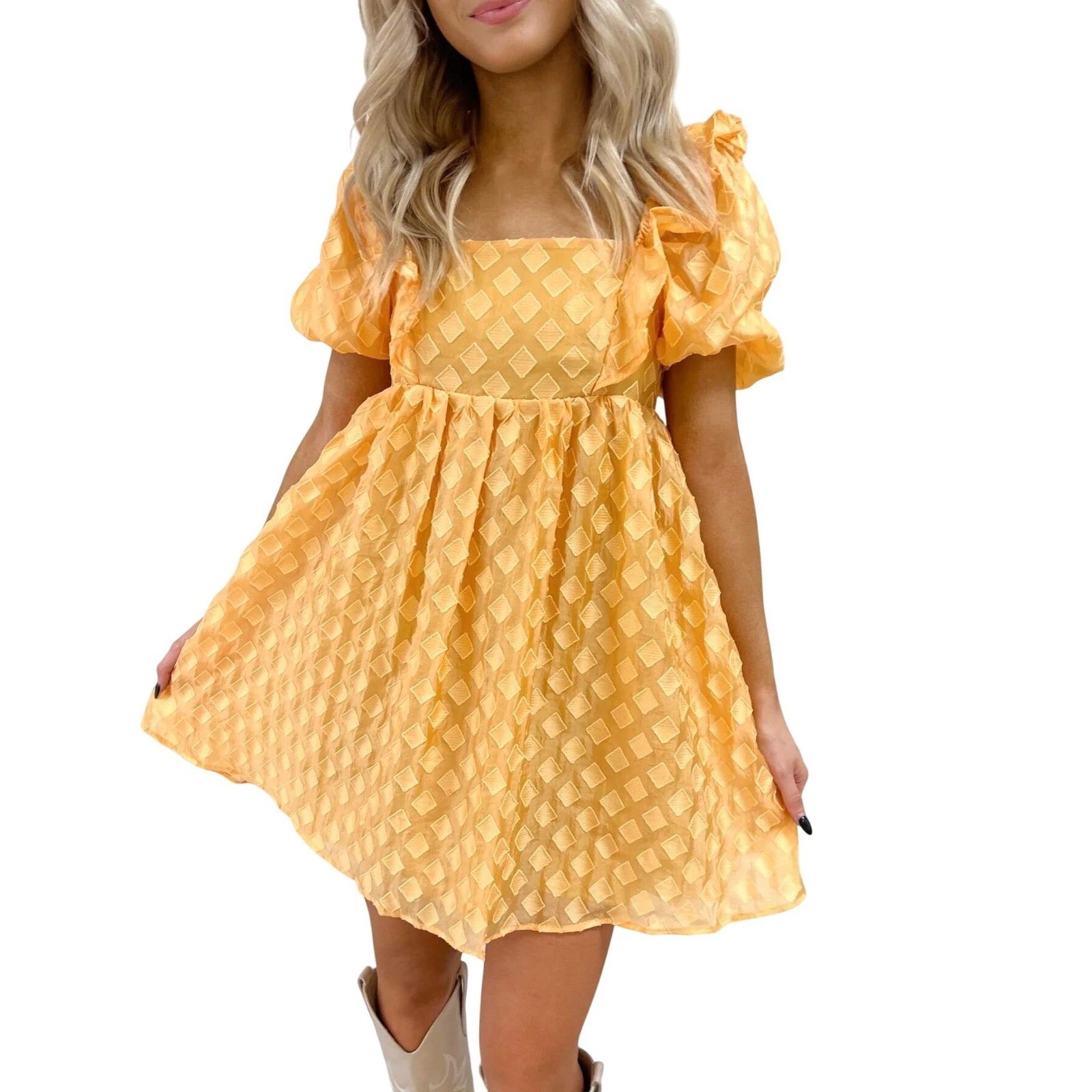STORIA Unforgettable Golden Sunrise Textured Babydoll Dress Small