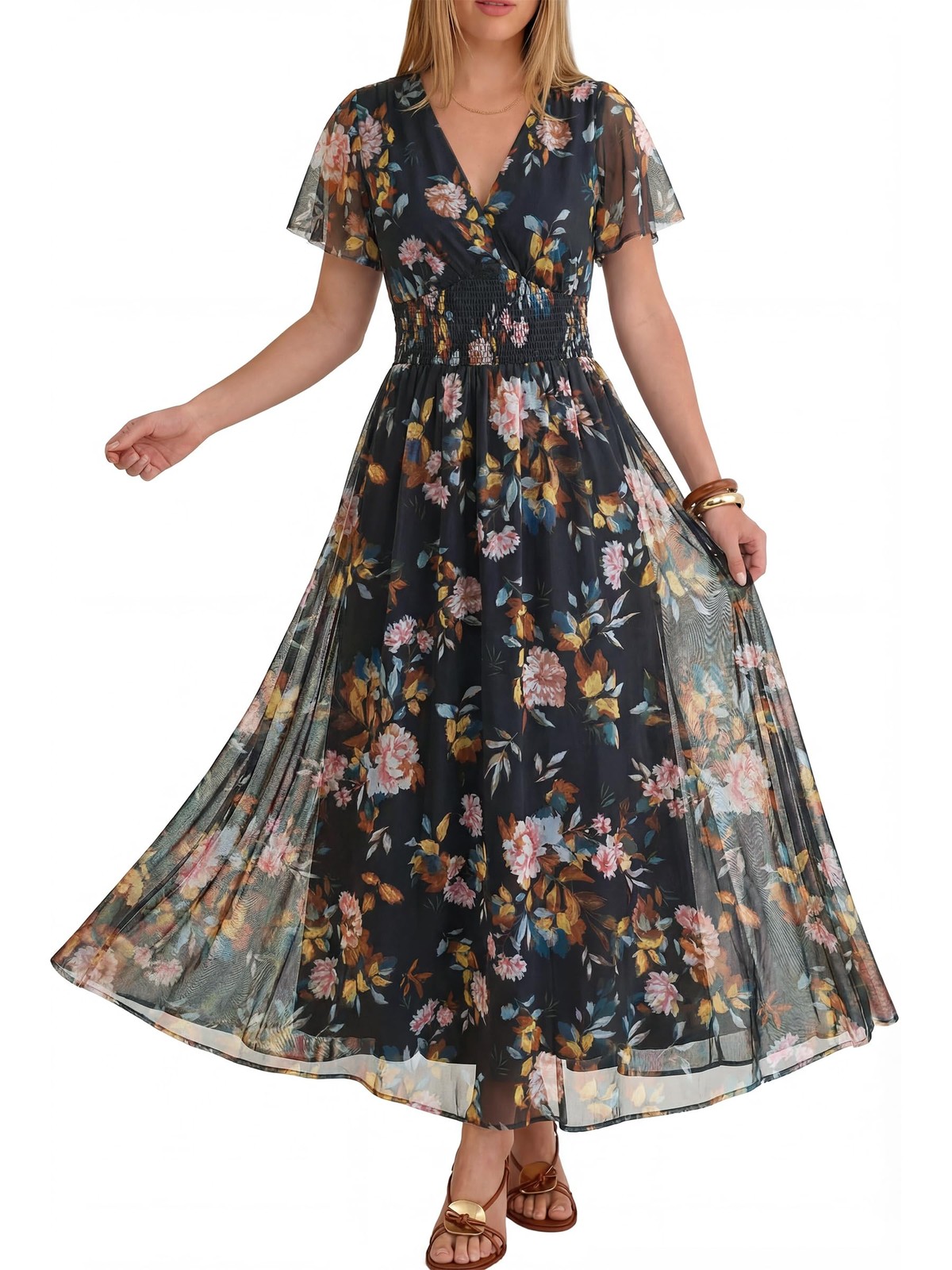 Women Summer Floral Maxi Dress Short Sleeve Boho Flowy Tulle Beach Vacation Wedd