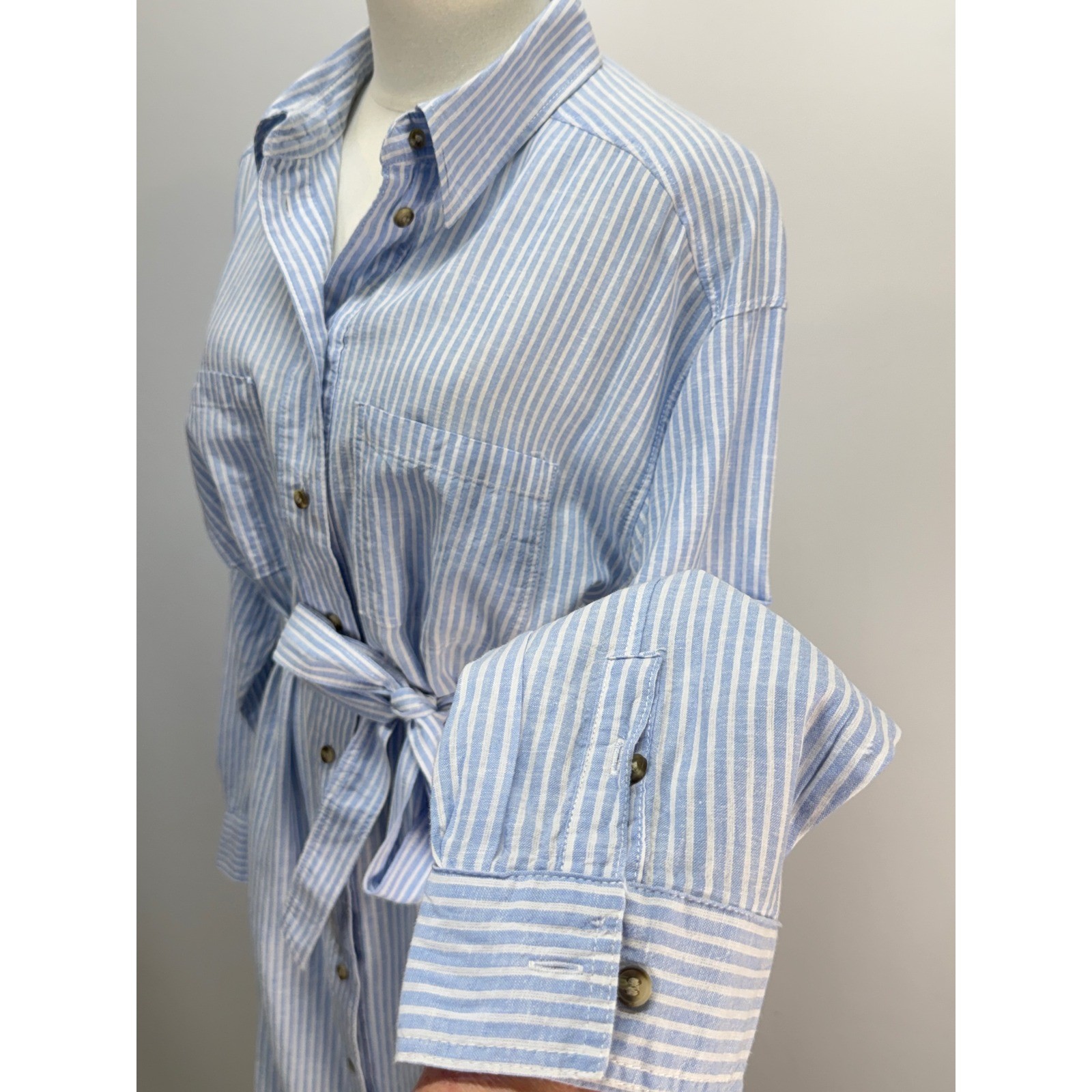 H&M Light Blue White Striped Button Down Midi Shirt Dress with Tie Waist Belt