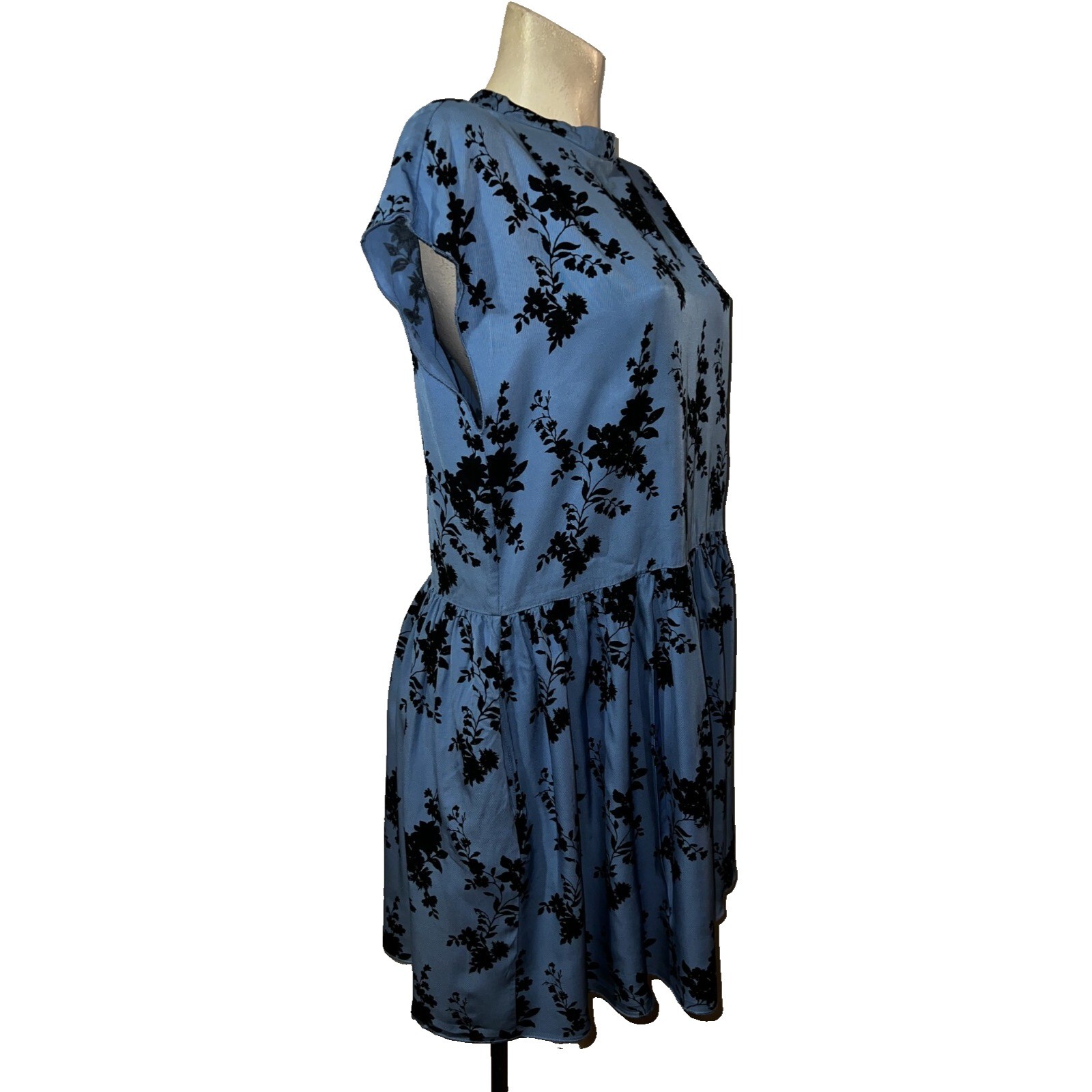 Samsoe Samsoe Blue Floral High Neck Keyhole Back Drop Waist Mini Dress Womens M