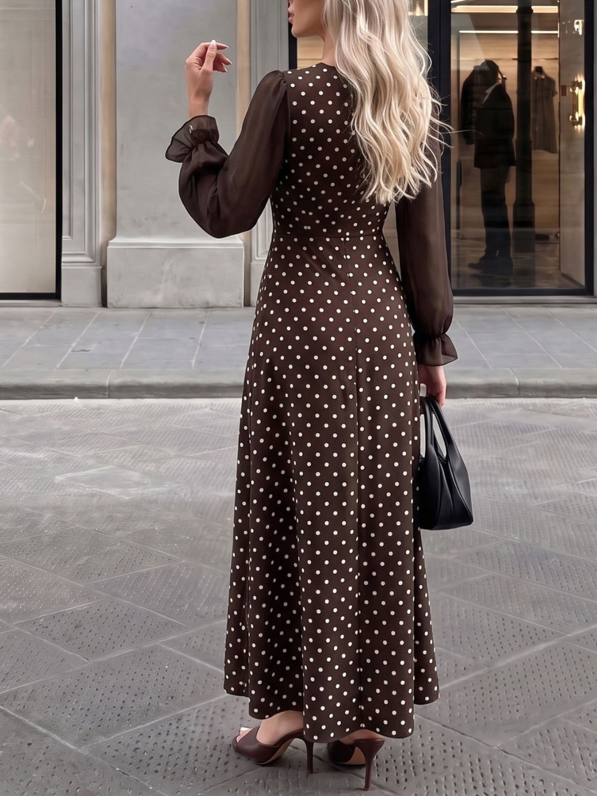 Women’s Polka Dot Square Neck Long Sleeve Maxi Dress