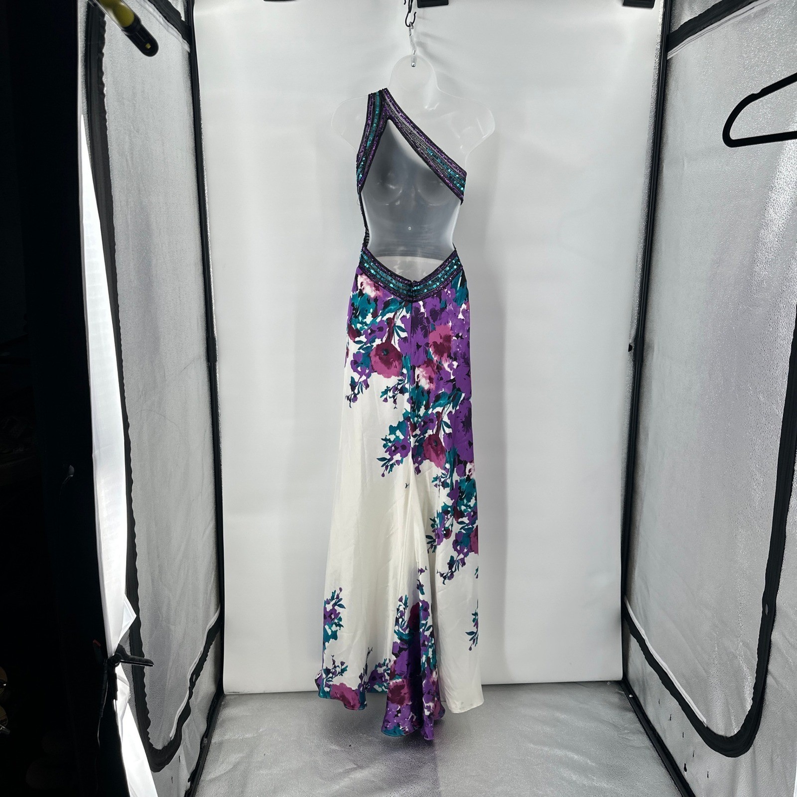 Cache One Shoulder Floral Sequin Evening Gown Maxi Dress Size 2 Striking *