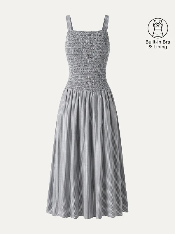 Striped Poplin Square Neck Smocked Midi Bra Dress – Grey/White Stripe
