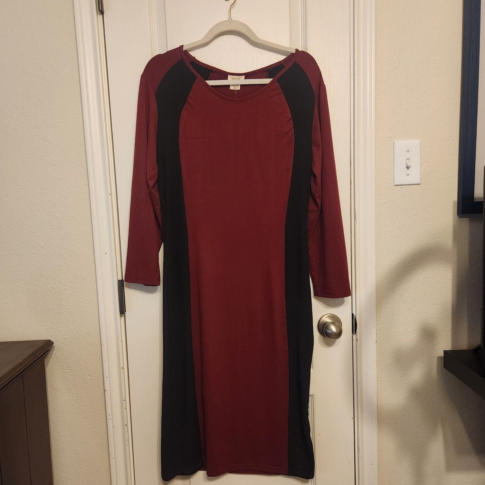 YELETE Women’s Long Sleeve Color Block Bodycon Midi Dress, Burgundy/Black