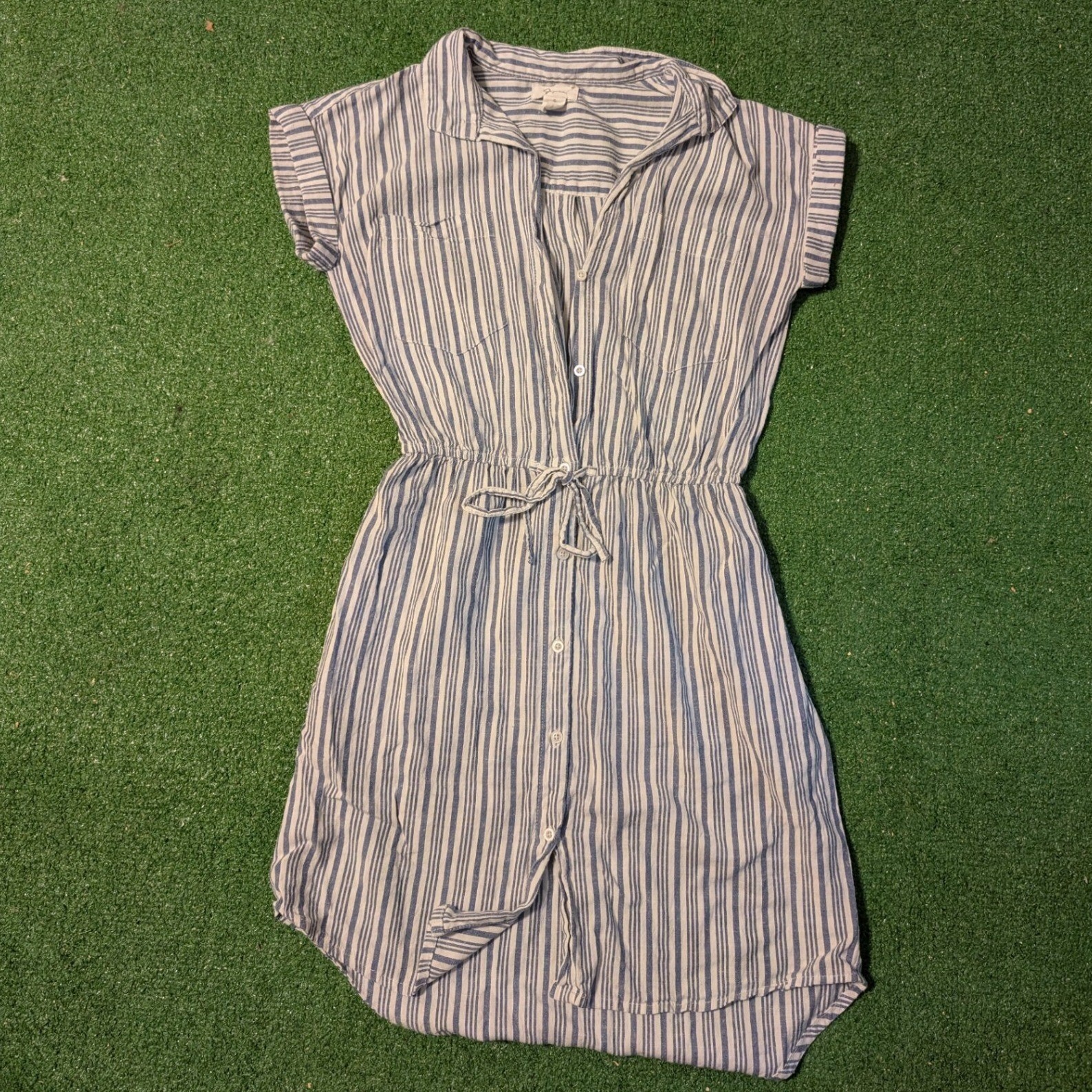 Japna Blue White Striped Button Down Shirt Dress Drawstring Waist Small