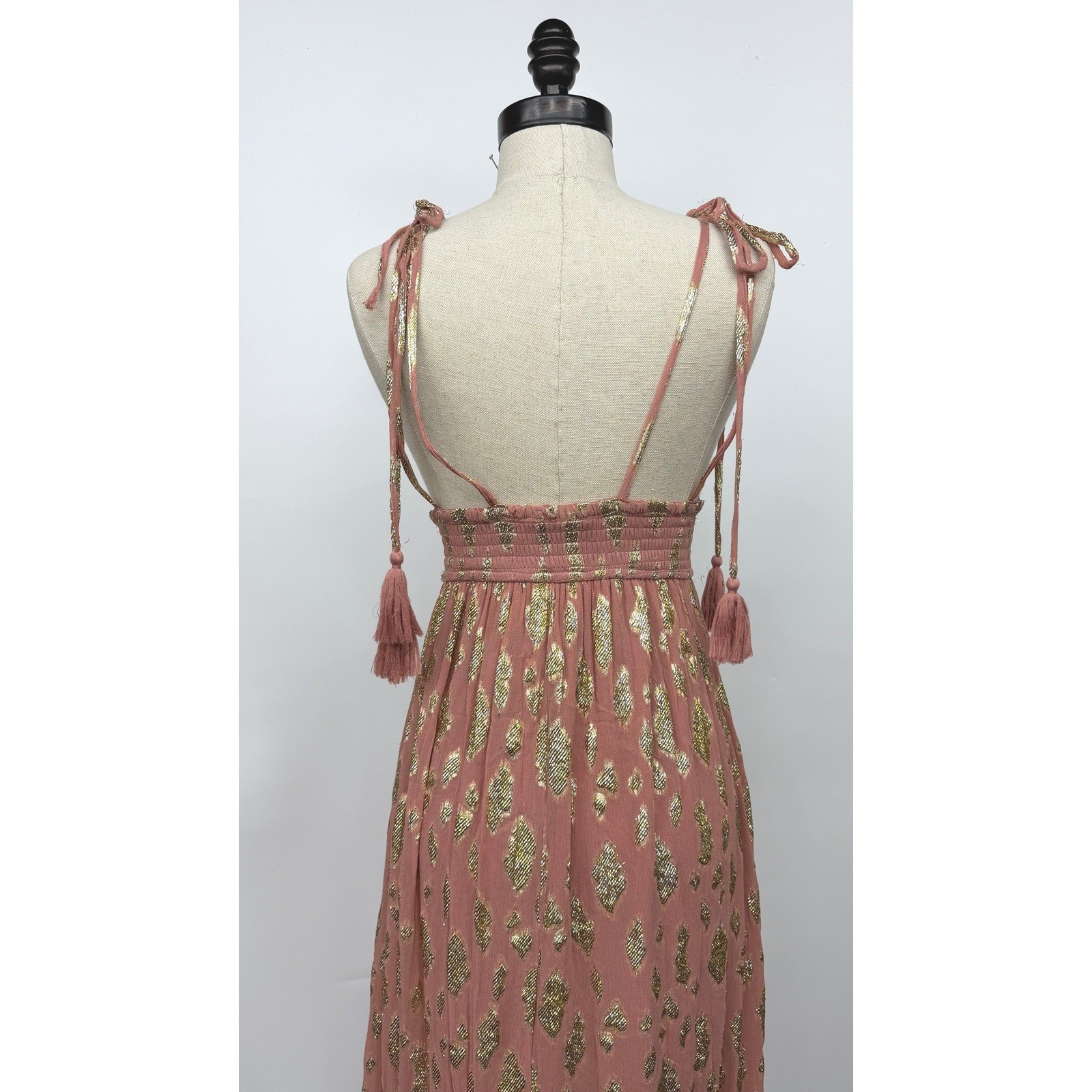 Altar’d State Pink Gold Metallic Maxi Dress Smocked Waist Tassel Straps Small