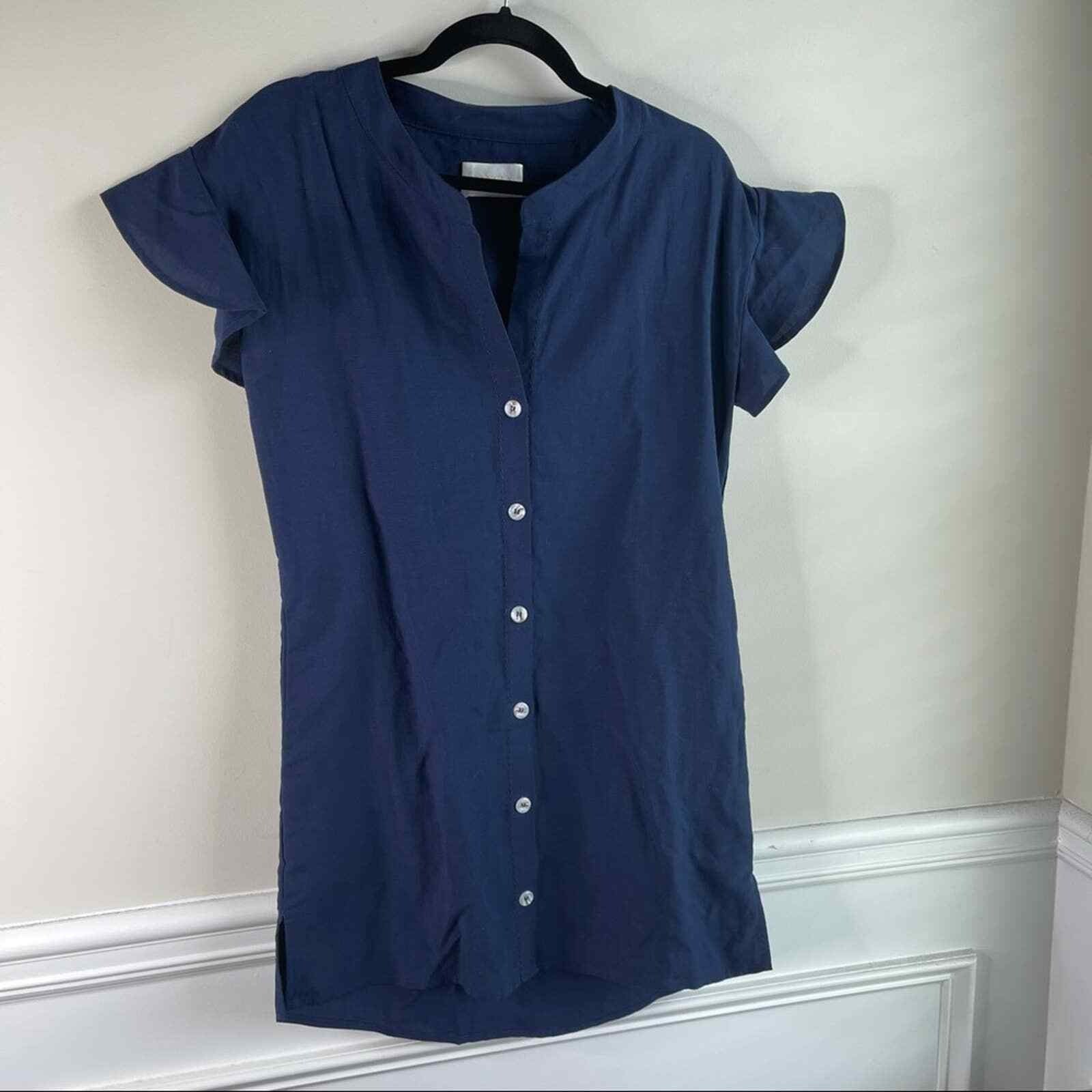 Sancia anthropologie blue linen button front ruffle sleeves size XS vacation