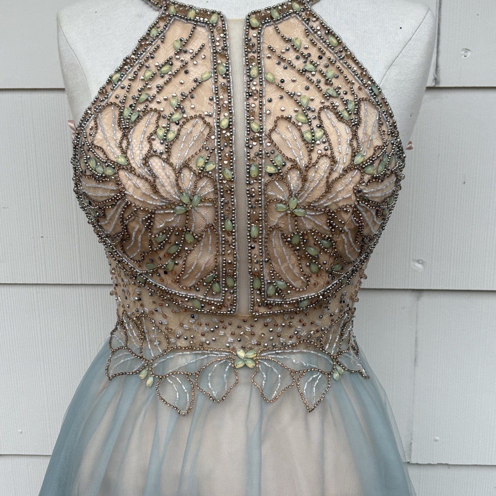 Glamour Halter Neck Beaded Bodice Contrast Tulle Long Ball Gown Prom Wedding