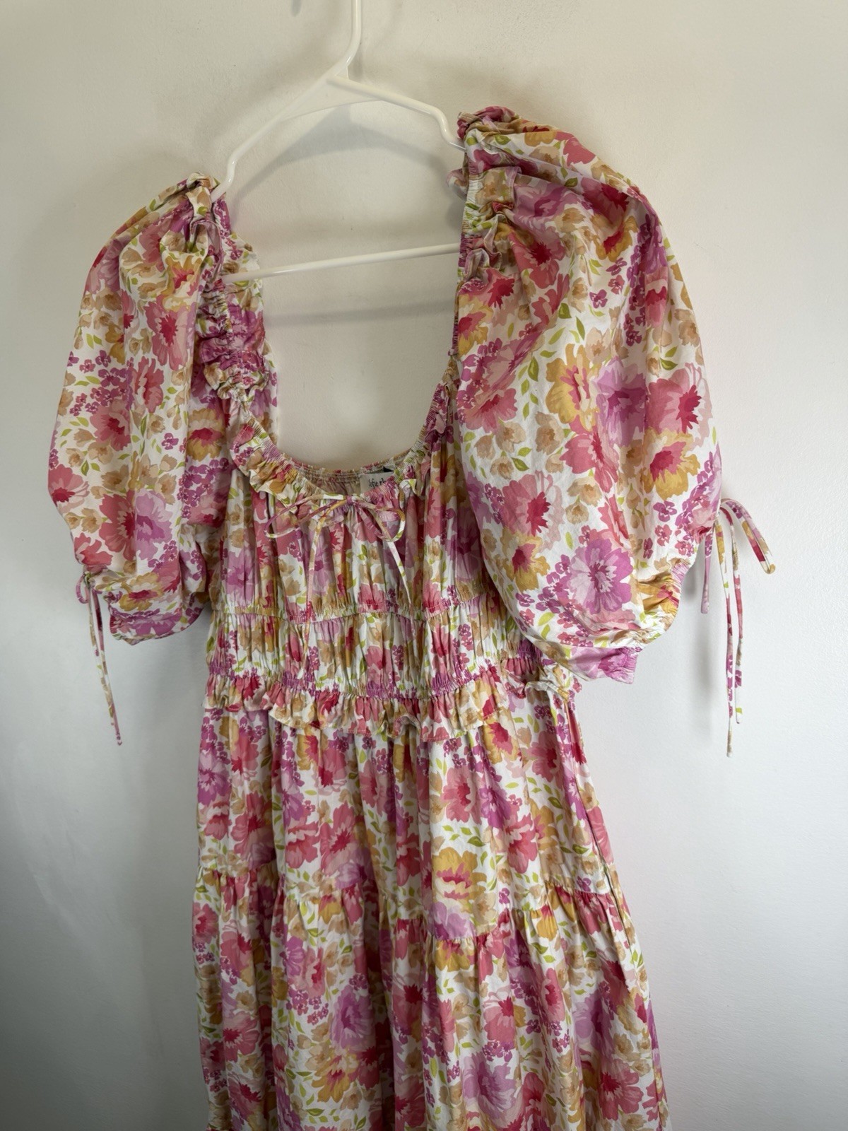 Sofie the Label Womens Dress Medium Midi Tiered Floral Pink Puff Sleeve