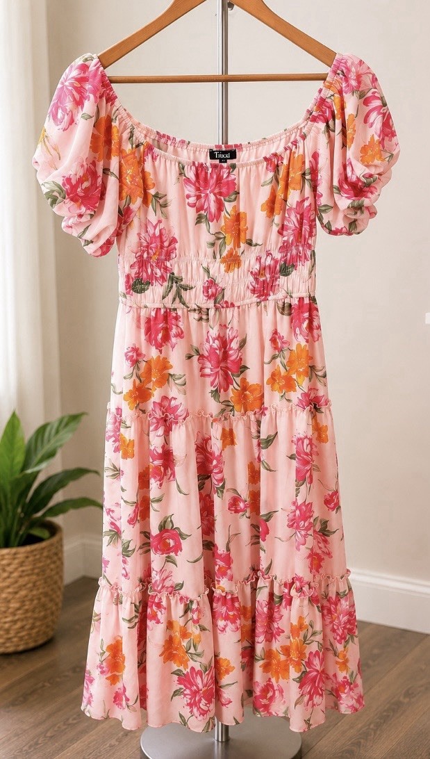 Trixxi Pink Floral Square Neck Smocked Puff Sleeve Midi Dress Womens M