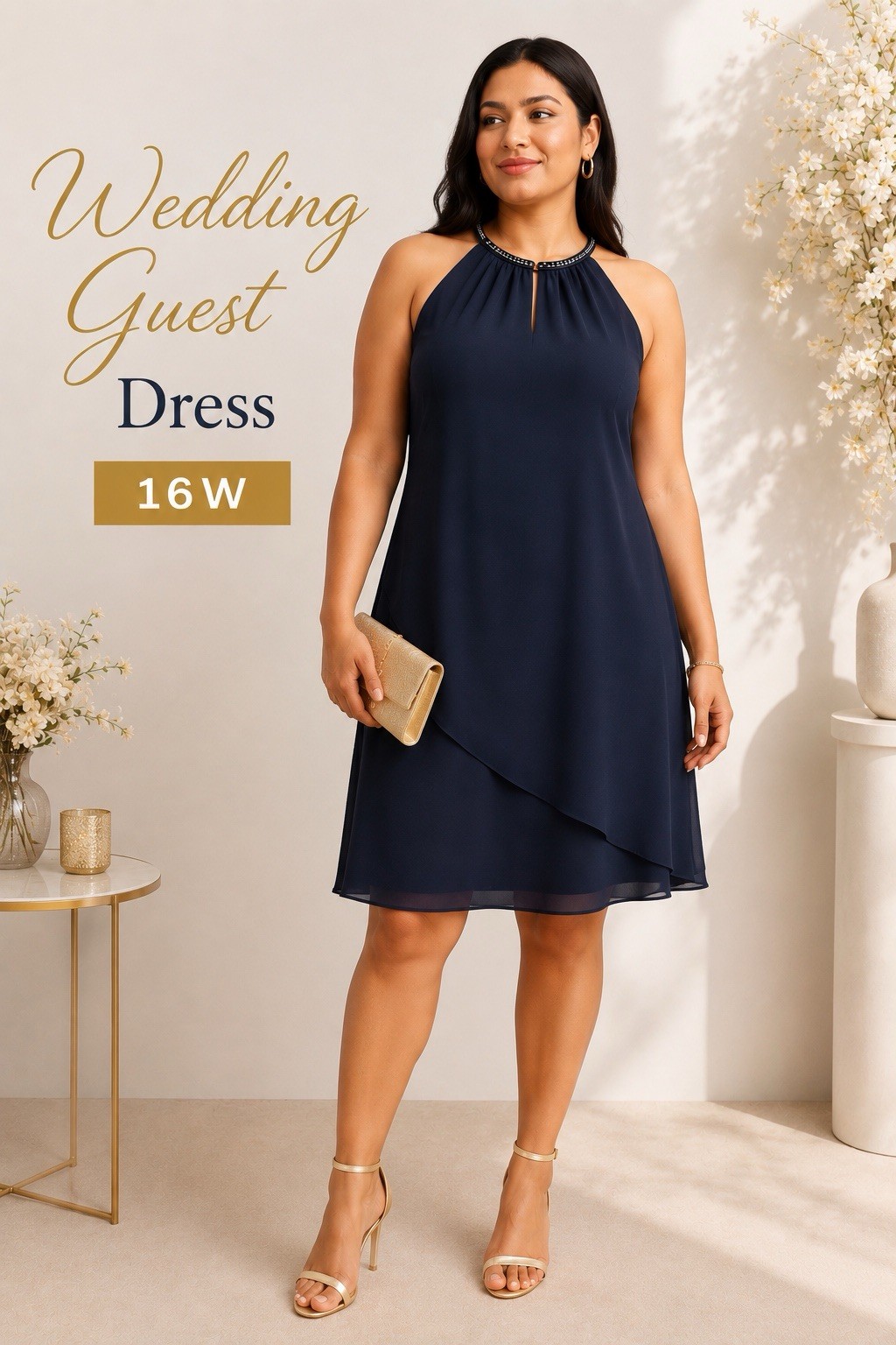 SLNY Size 16W Blue Chiffon Halter Keyhole A-Line Midi Dress Beaded Wedding New