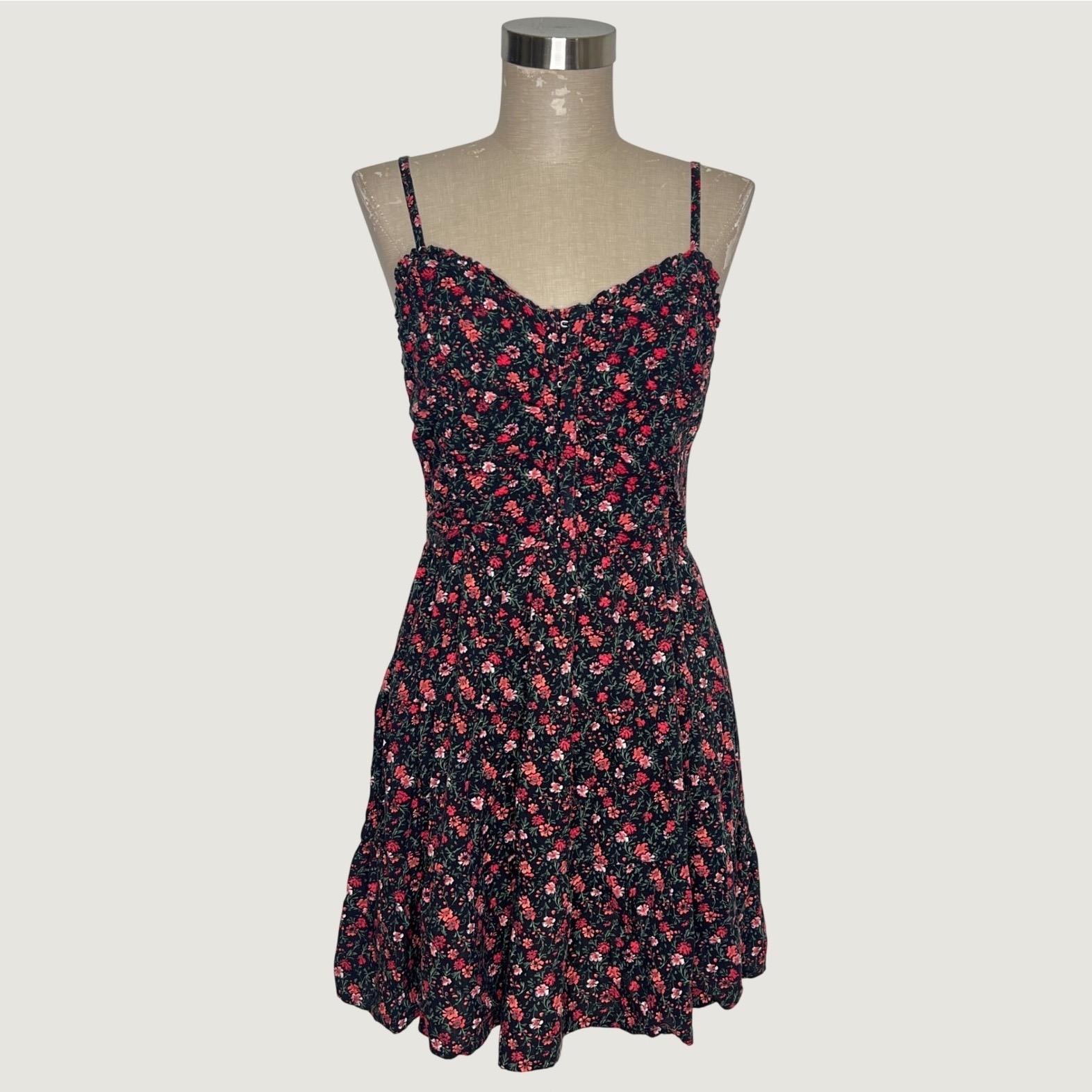 Aeropostale Ditsy Floral Smocked Summer Mini Dress Fit & Flare Black Red Medium