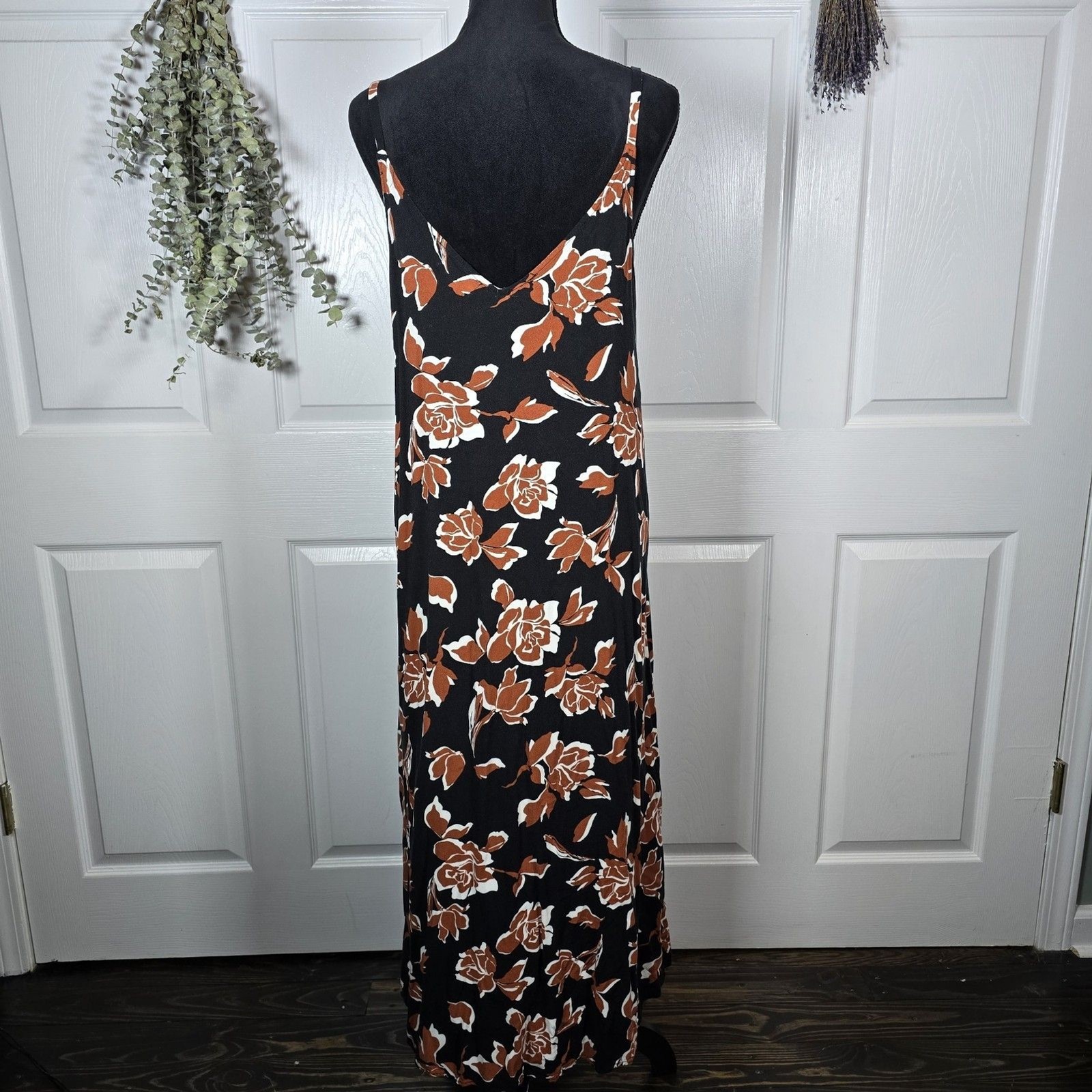 MSK Black Cami Dress Brown And White Flowers Medium Maxi