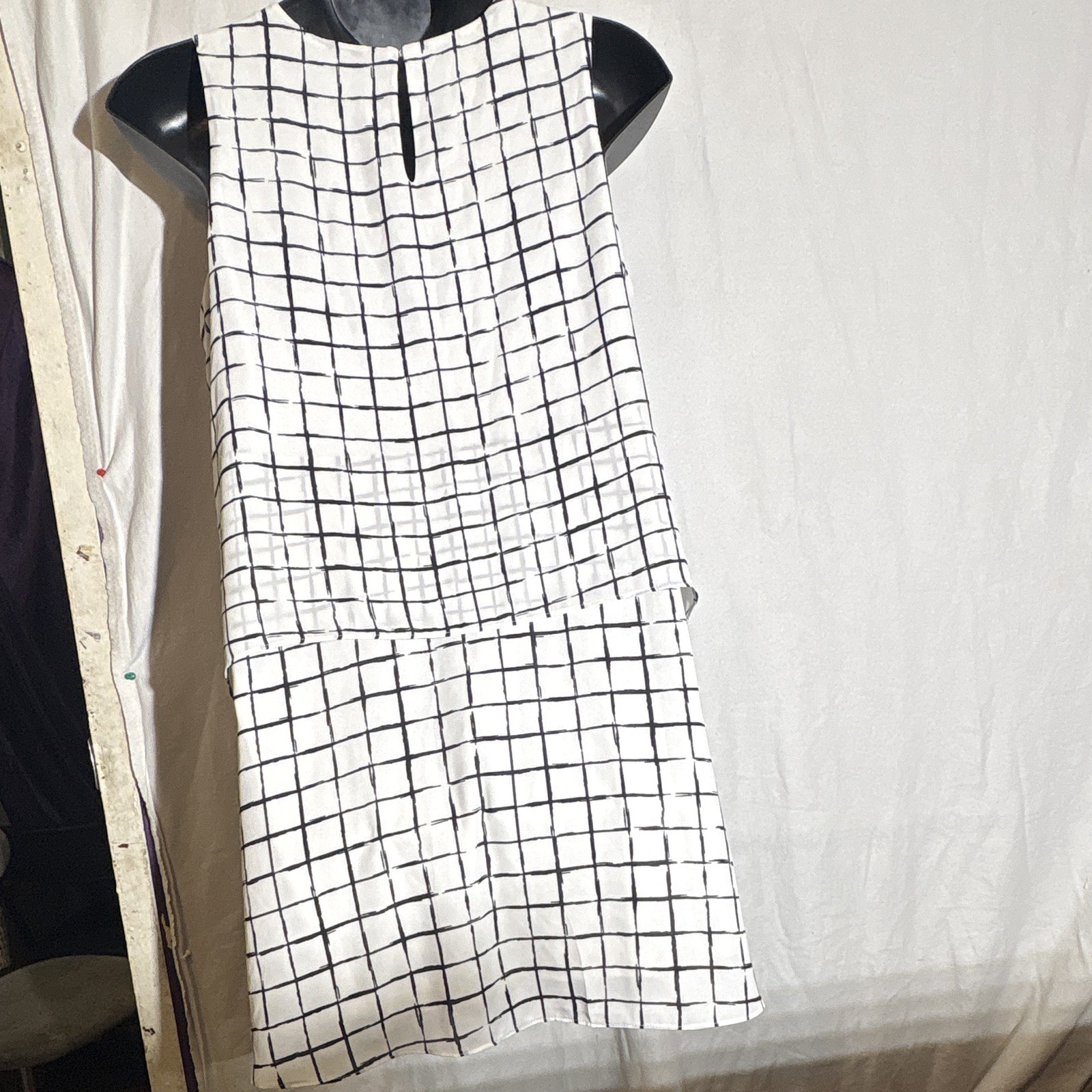 MASSINI XL White/Black Check Shift Dress Sleeveless Round Neck Lined Knee