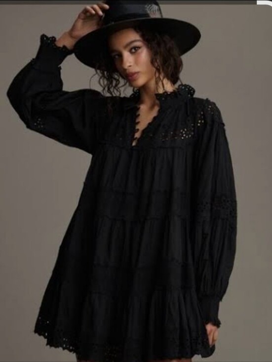 Maeve, Anthropologie Black Eyelet Tiered Mini Dress