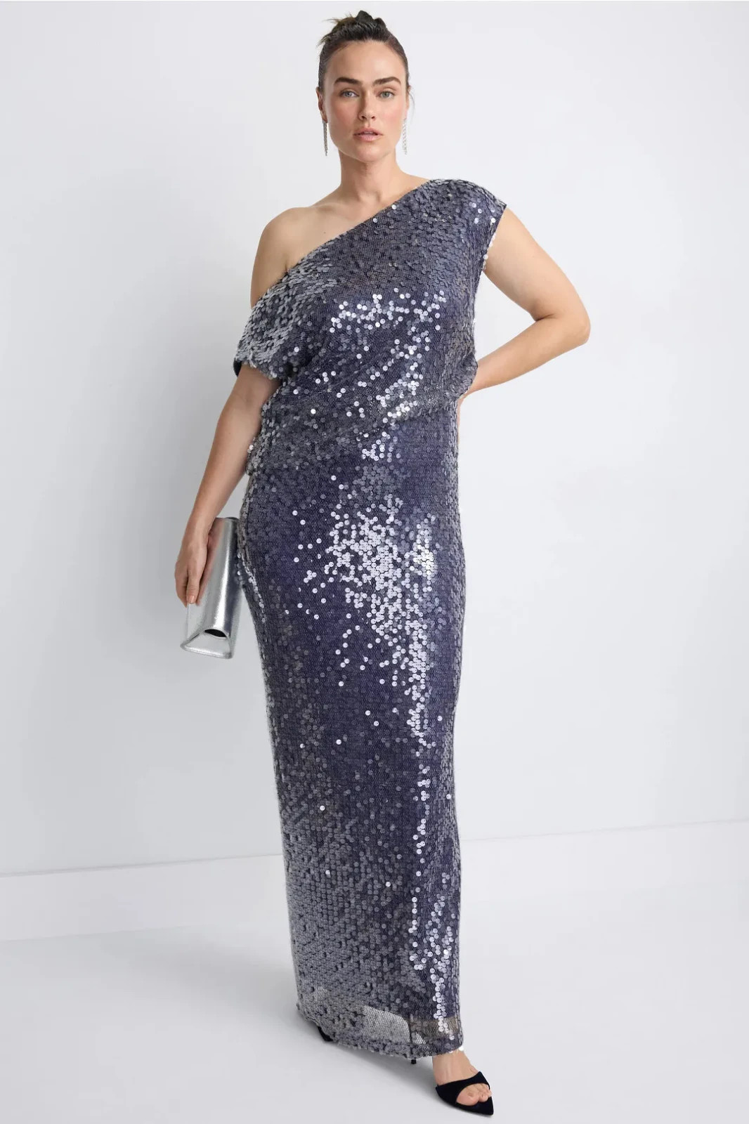 One33 Social Asymmetrical Shoulder Maxi Gown Navy Sequin Blouson sz 4 Club Gala