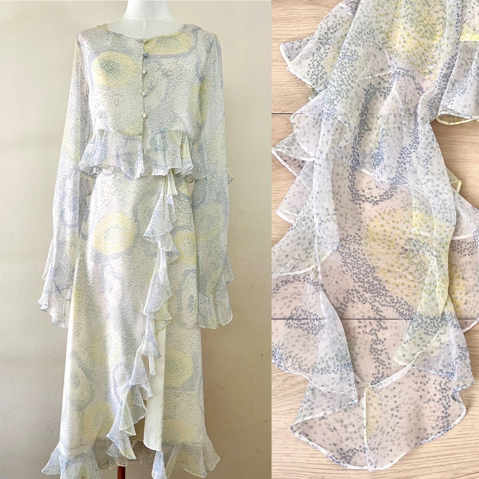 Vintage 2-piece Ruffle Chiffon White & Pastel Polka Dot Top & Warp Skirt Sz XS-S