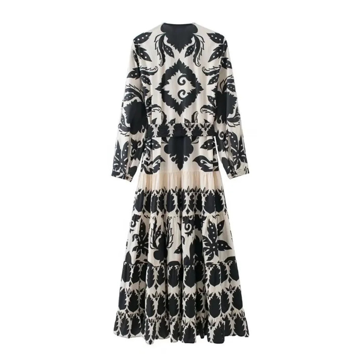 ZARA Black Ivory White Floral Maxi Ruffle Dress Puffy Sleeve Boho Art To Wear M