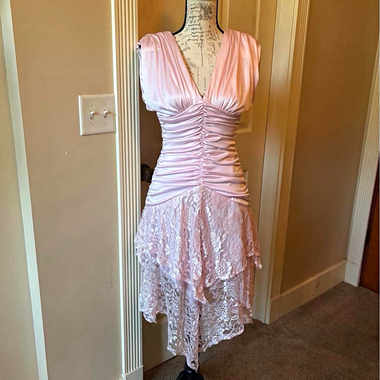 Coquette Fairy Seneca Pink Satin & Lace Ruched V-Neck Asymmetrical Dress