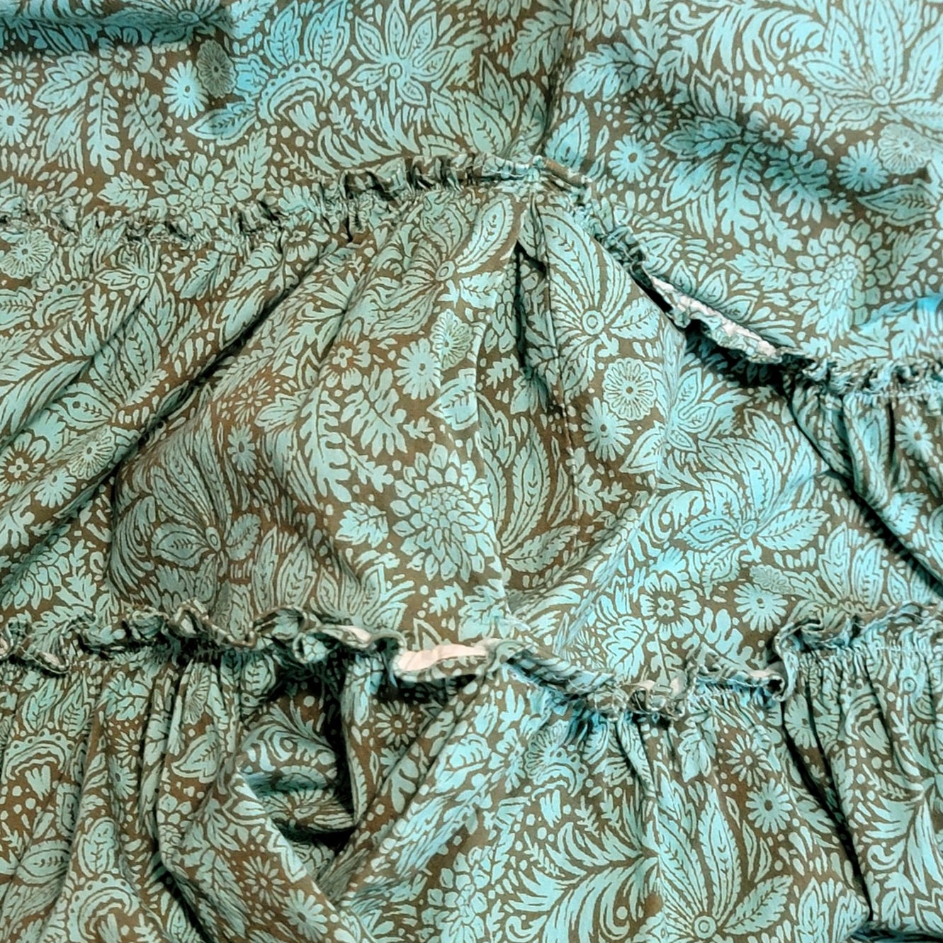 Sundance Liora Floral Leaf Cotton Tiered Ruffle Dress Short Sleeve Green S