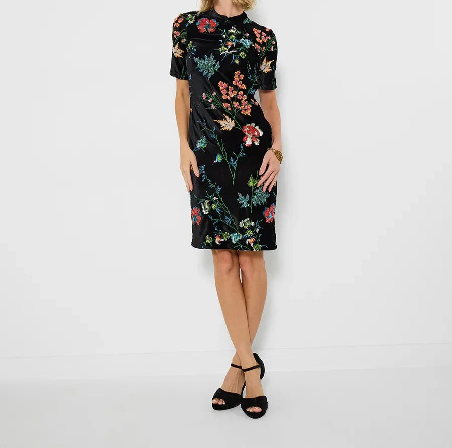 JOE BROWNS BLACK VELVET SEQUINNED MANDARIN COLLAR DRESS – Size 8 – RRP £95