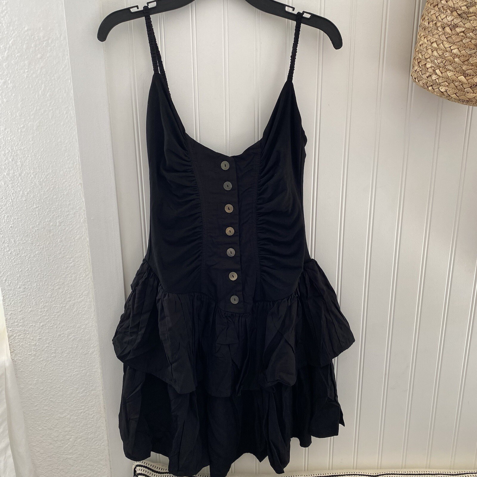 Indah Women’s Colette Ruffle Mini Black Dress Size Small 100% Bamboo Clothing